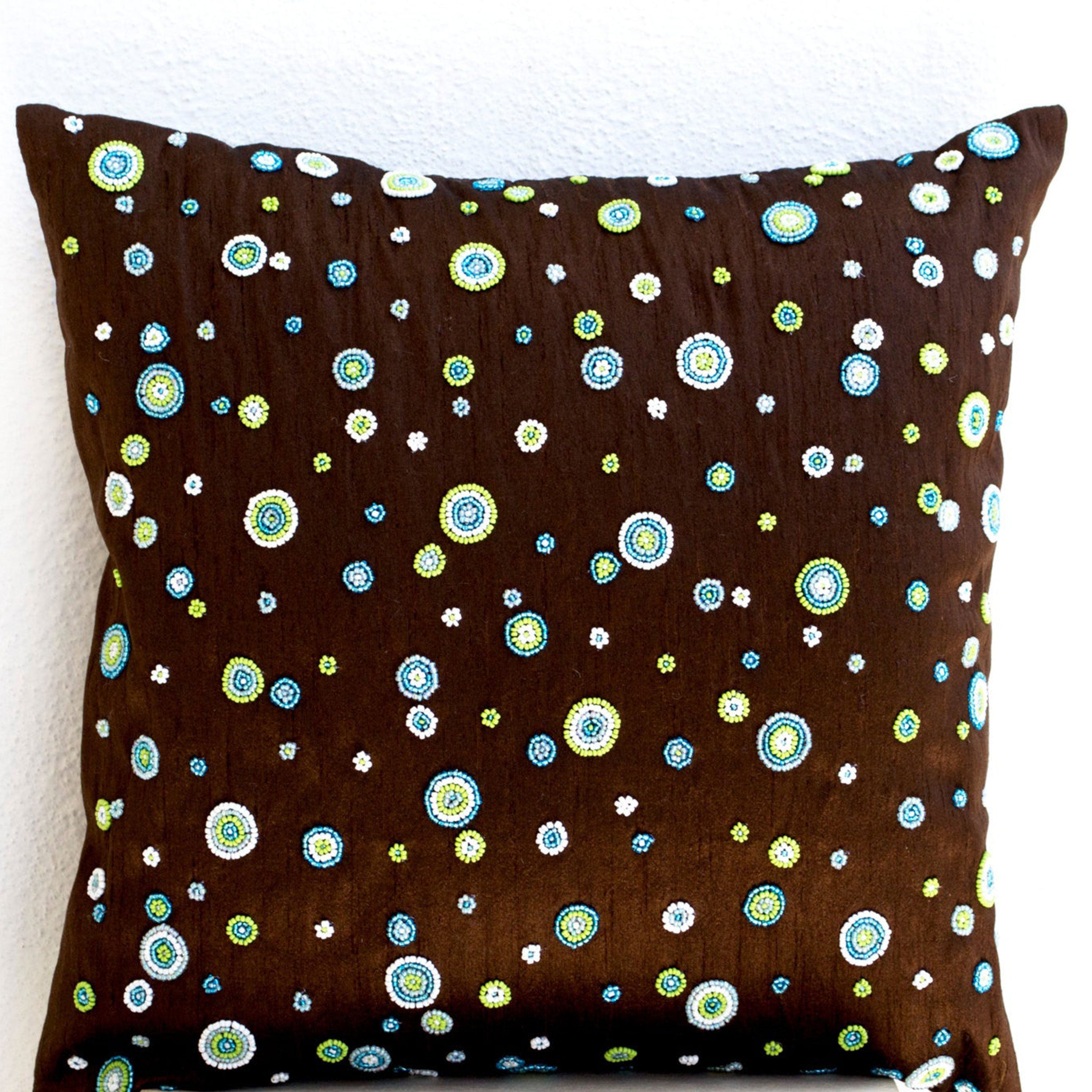 Brown Silk Cushion Cover With Beaded Polka Dots In Blue, Green, White Geometric Pillows