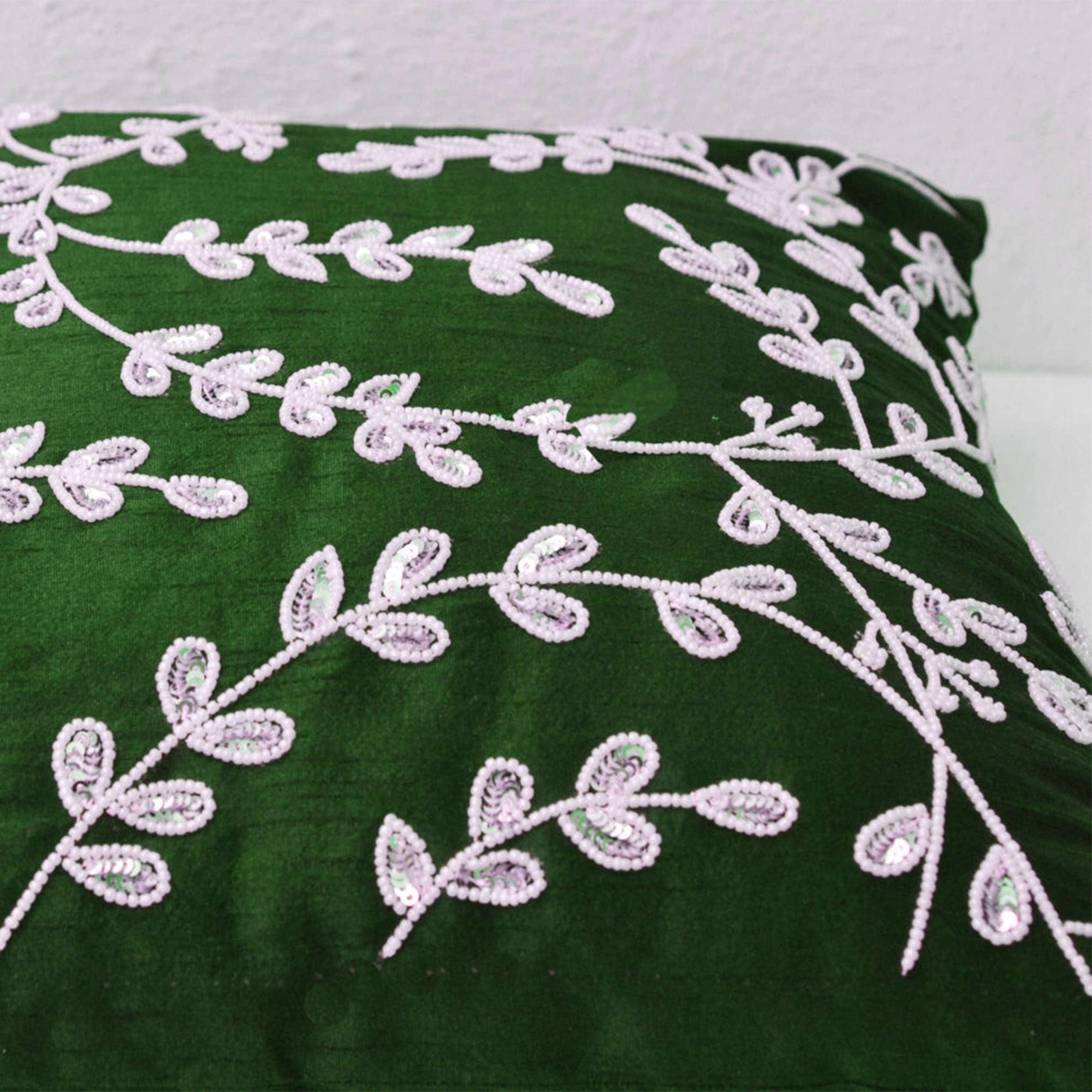 Emerald green throw pillows with bead sequin detail - Leaves pillow - Silk pillow - Cushion cover zipper - Gift 16X16