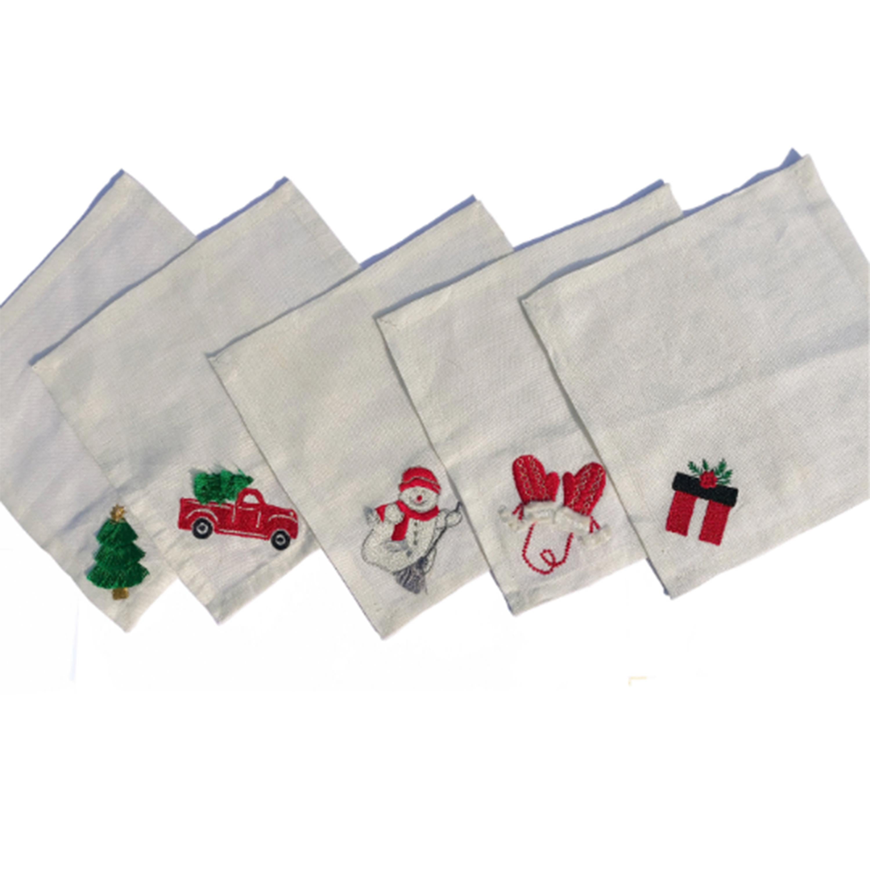 Set of 5 Linen Cocktail Napkin with Christmas Motif, Xmas Cocktail Napkins, Embroidered Cocktail Napkins, Holiday Season Cocktail Napkin