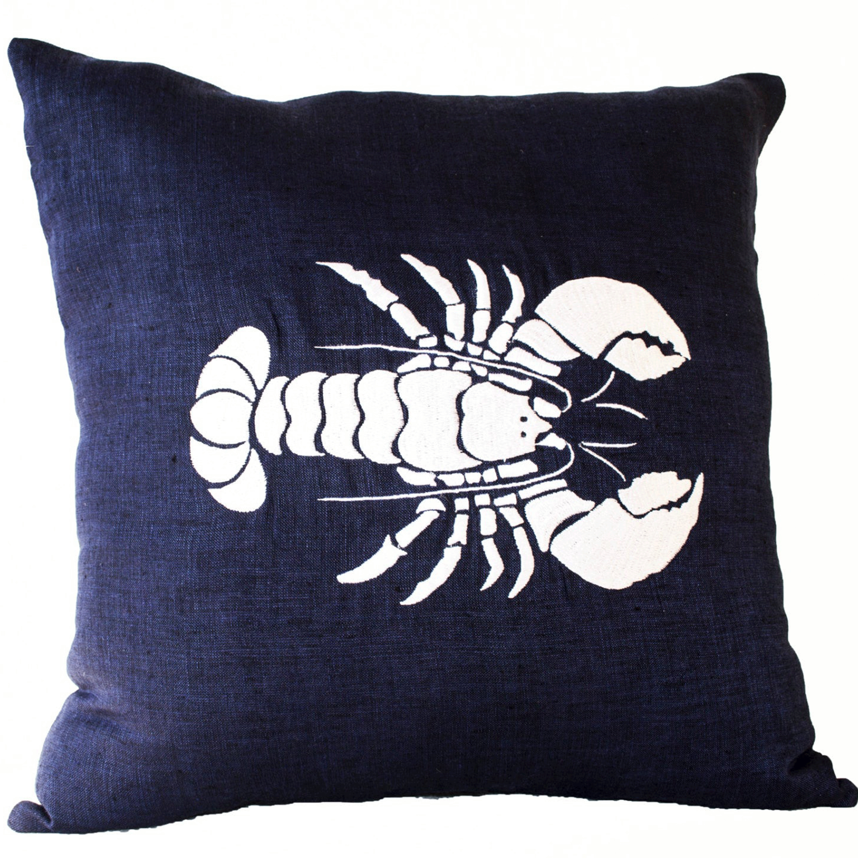 Navy Linen Decorative Throw Pillow With Lobster For Oceanic Beach House Decor Modern Decor