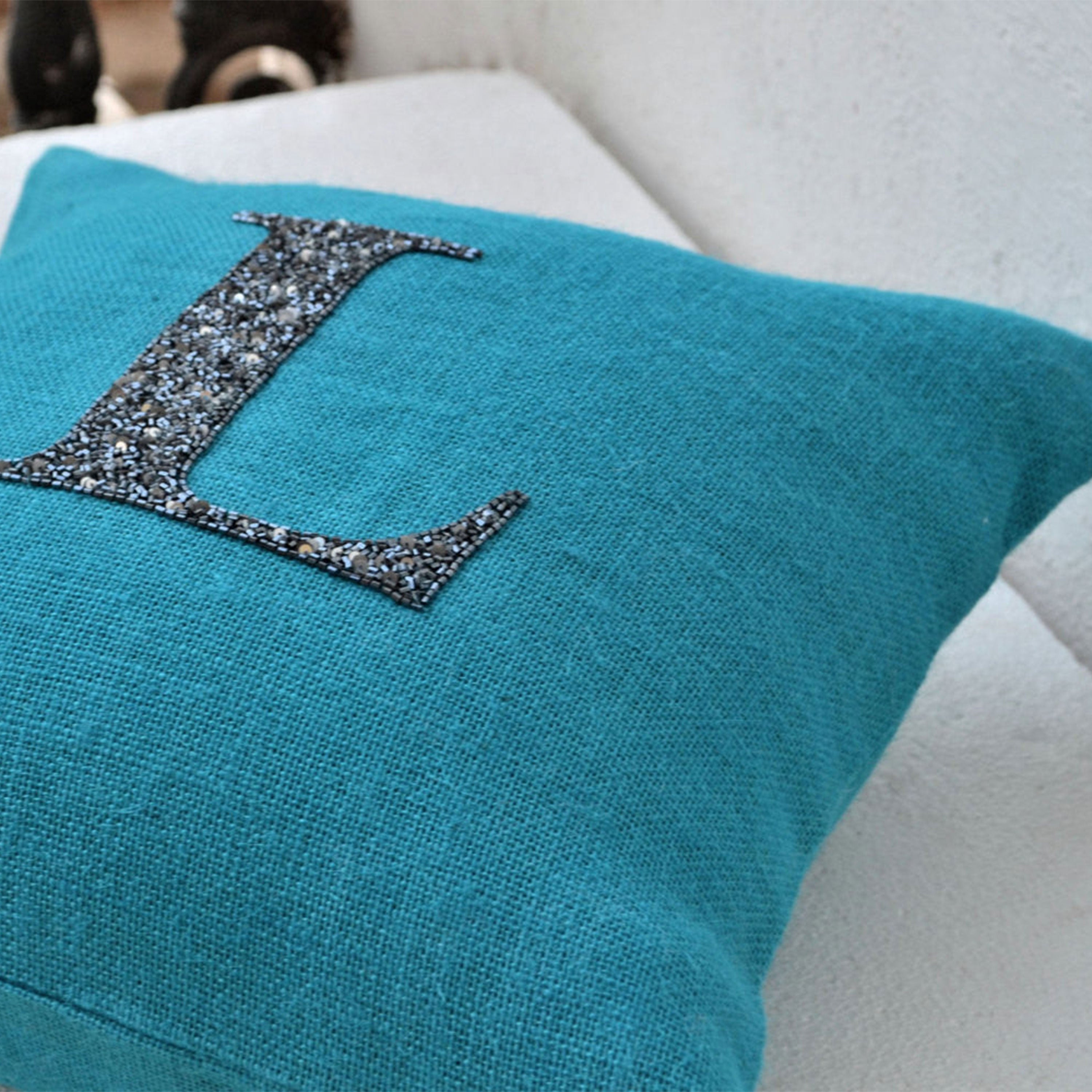 Customized Monogram In Spakeling Black Beads Sequin On Turquoise Blue Burlap Decorative Throw Pillow Cover