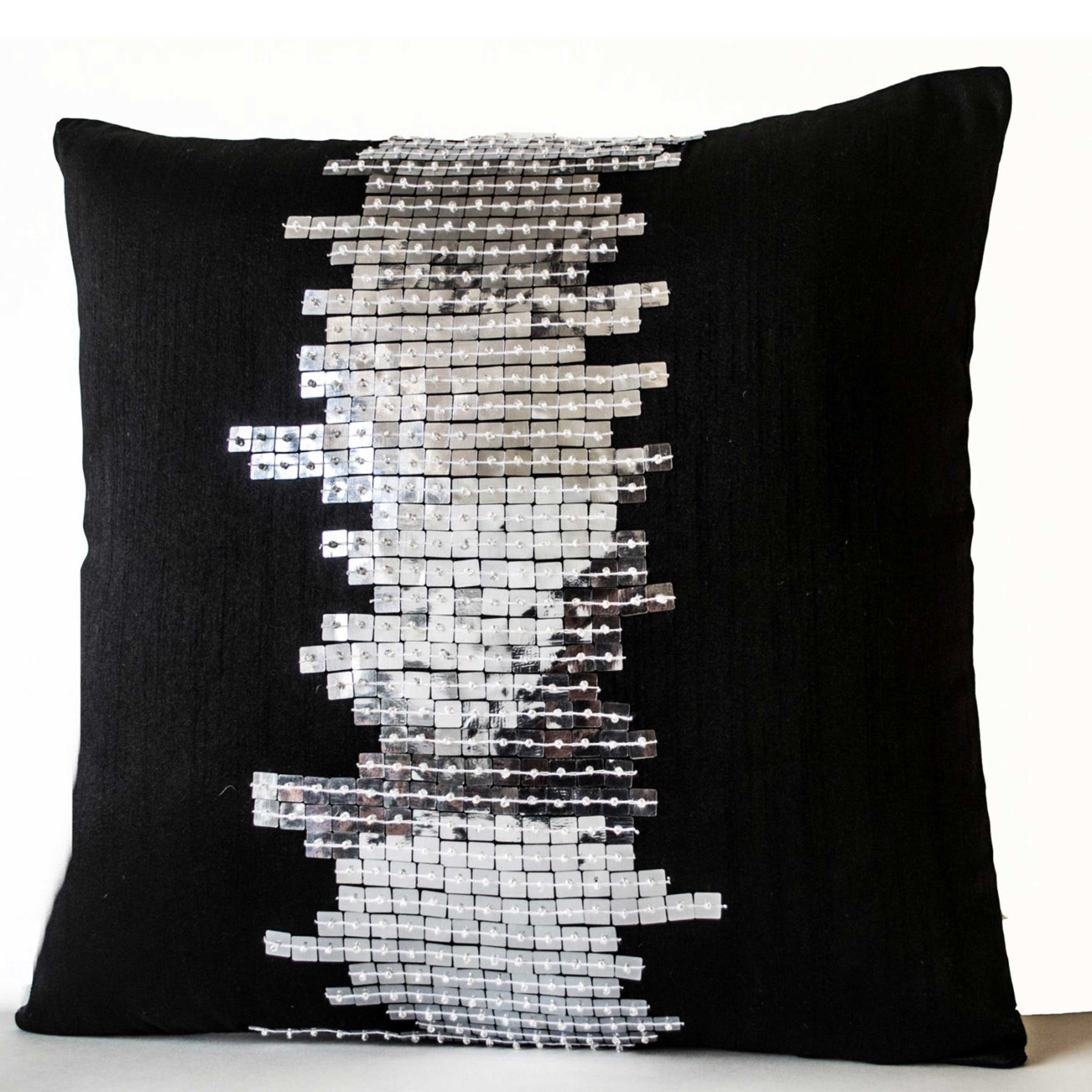 Silk Pillow Cases With New York City Lights Embellished In Silver Sequin Designer Geometric Cushion Cover