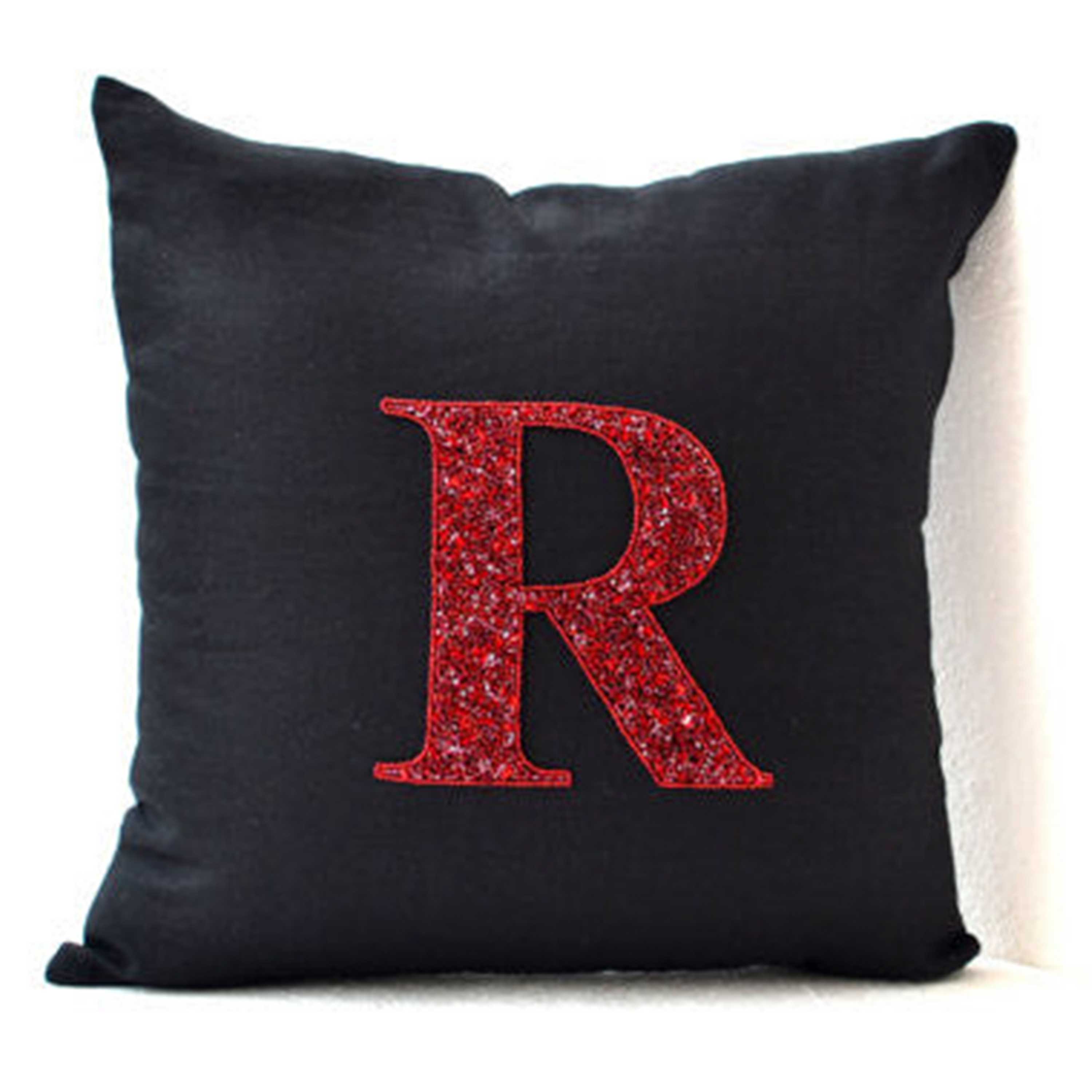 Sequin Monogram Decorative Throw Pillow Personalized Custom Monogrammed Linen Cushion