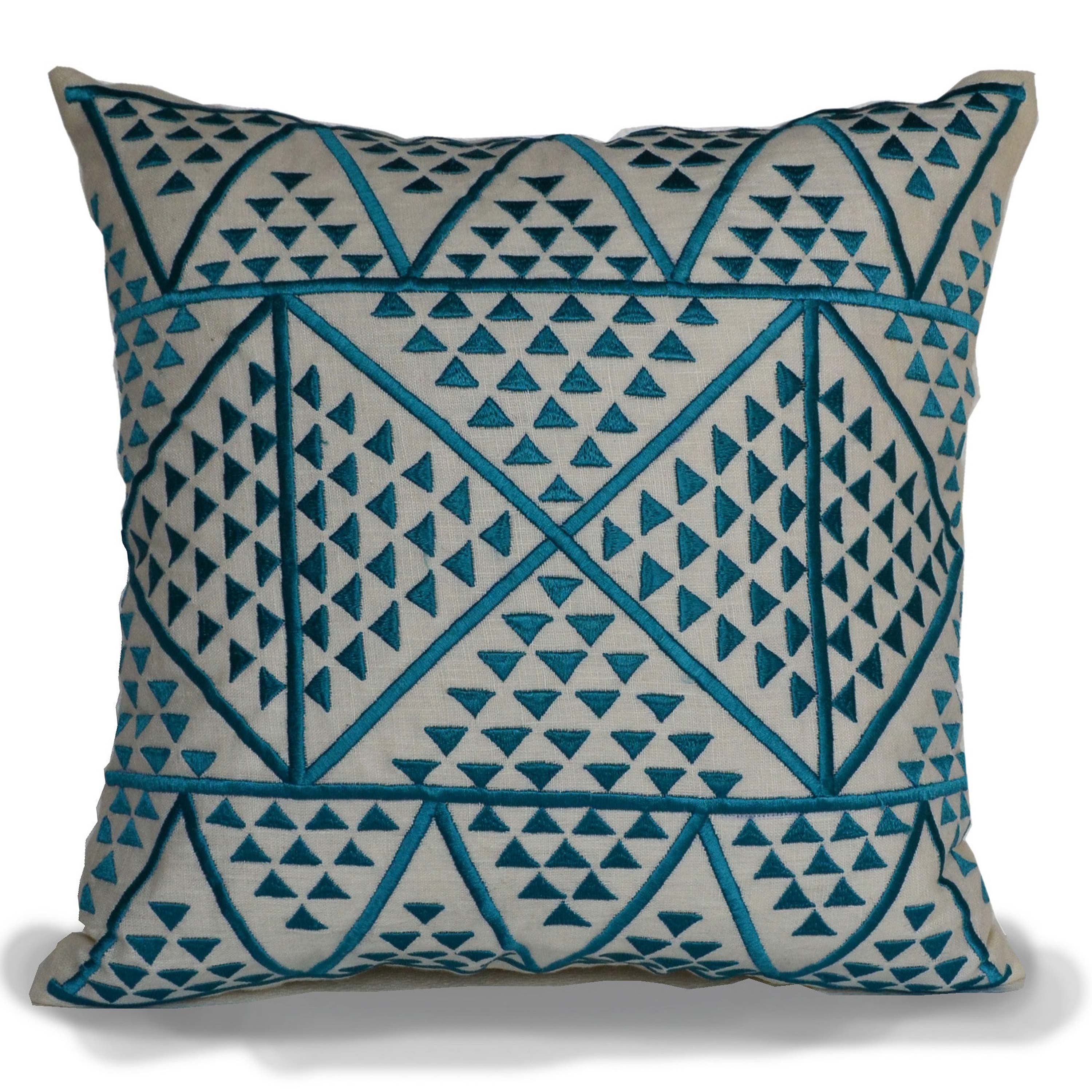 Teal Aztec Embroidery on Linen Pillow