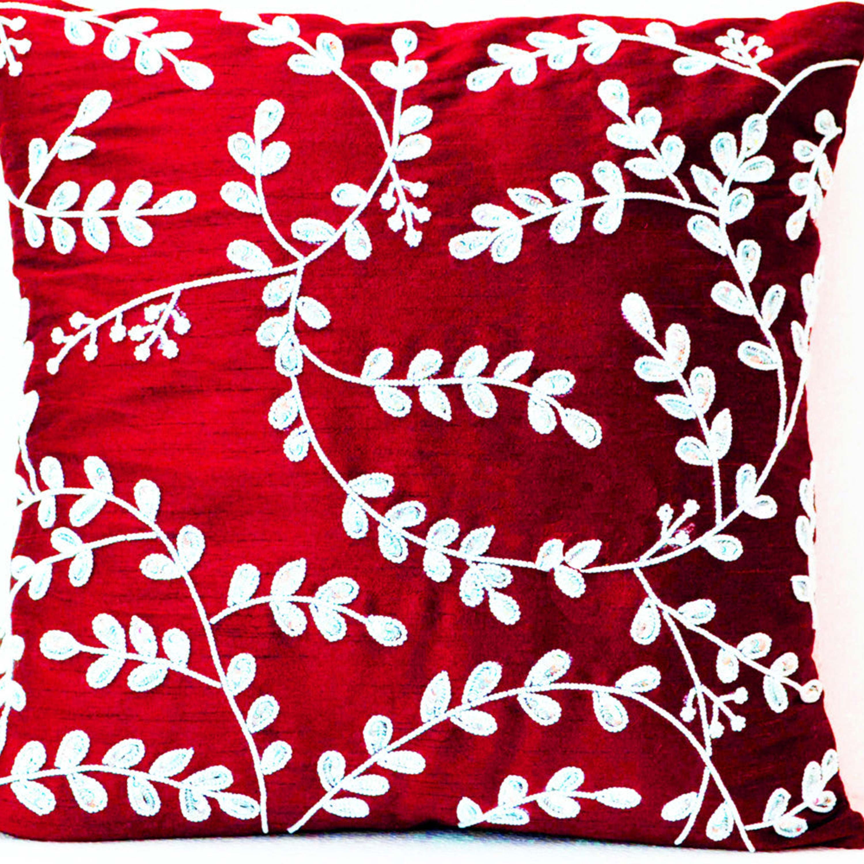 Red throw pillows with bead sequin detail -Leaves pillow -Silk pillows -Cushion cover zipper -Gift 16X16 -Red white pillows -Red cushions