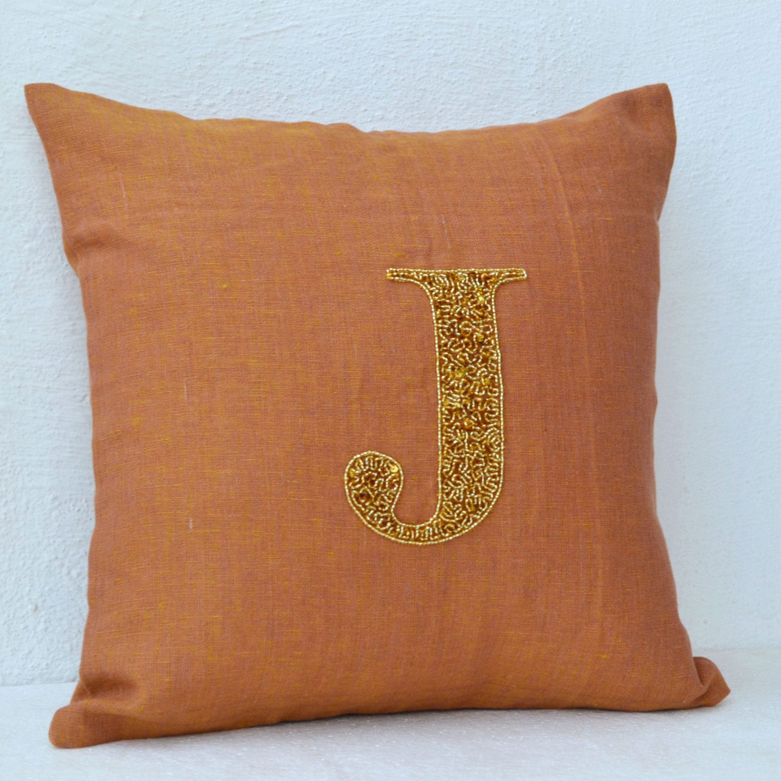 Monogram Pillow -  Gold sequin cushion - Linen pillow - 16X16 accent cushion - Decorative pillow -gift pillow