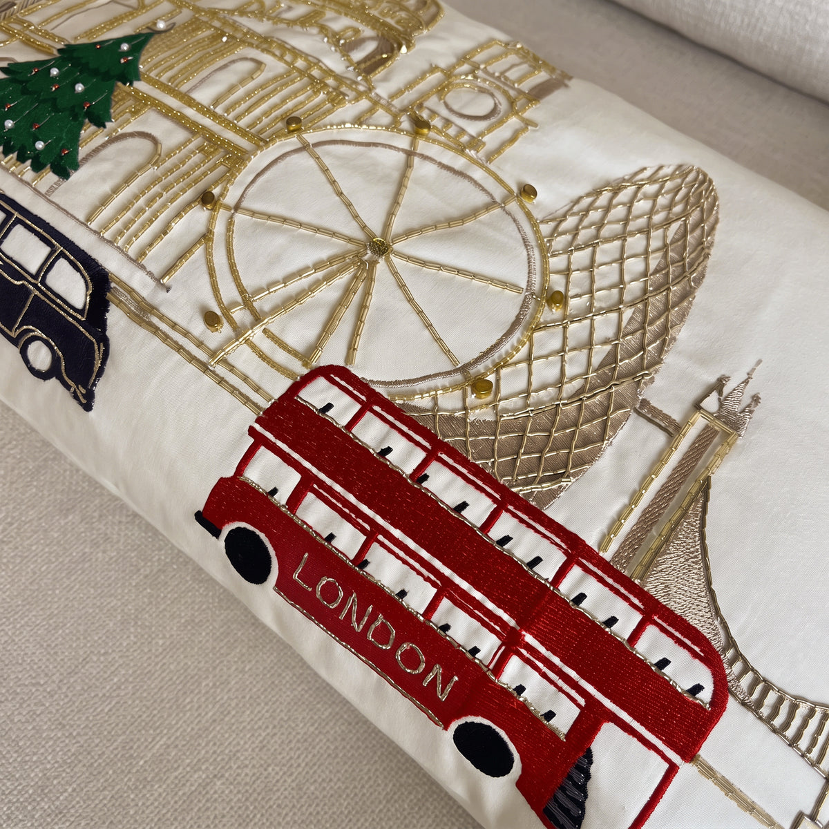 London Embroidered Christmas Pillow Cover, Decorative Pillow Cover