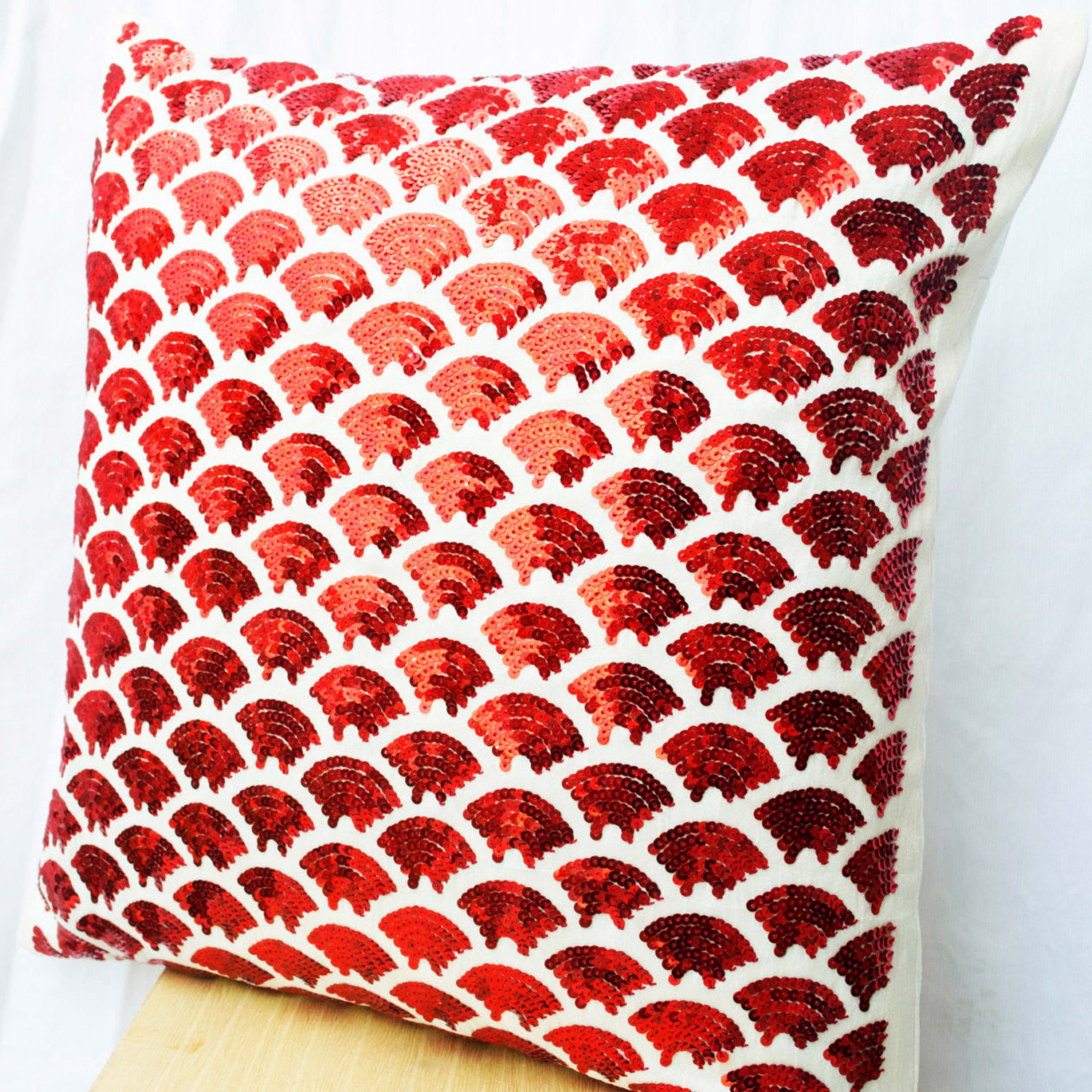 Red pillows with embroidered waves - Sashiko pillow - Red Cushion cover zipper -Throw pillow - gift pillow- 16x16 - Red sequin pillows