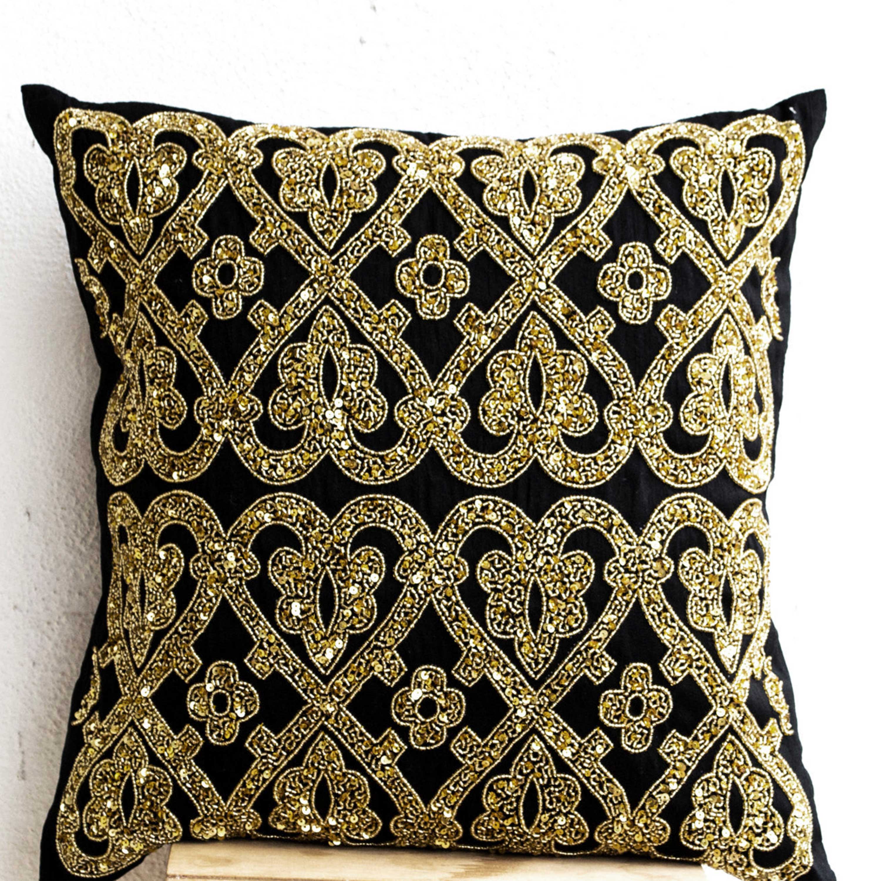 Shiny Gold Pillow Cover With Regal Geometric Metallic Glitter Pattern For Holiday Decor