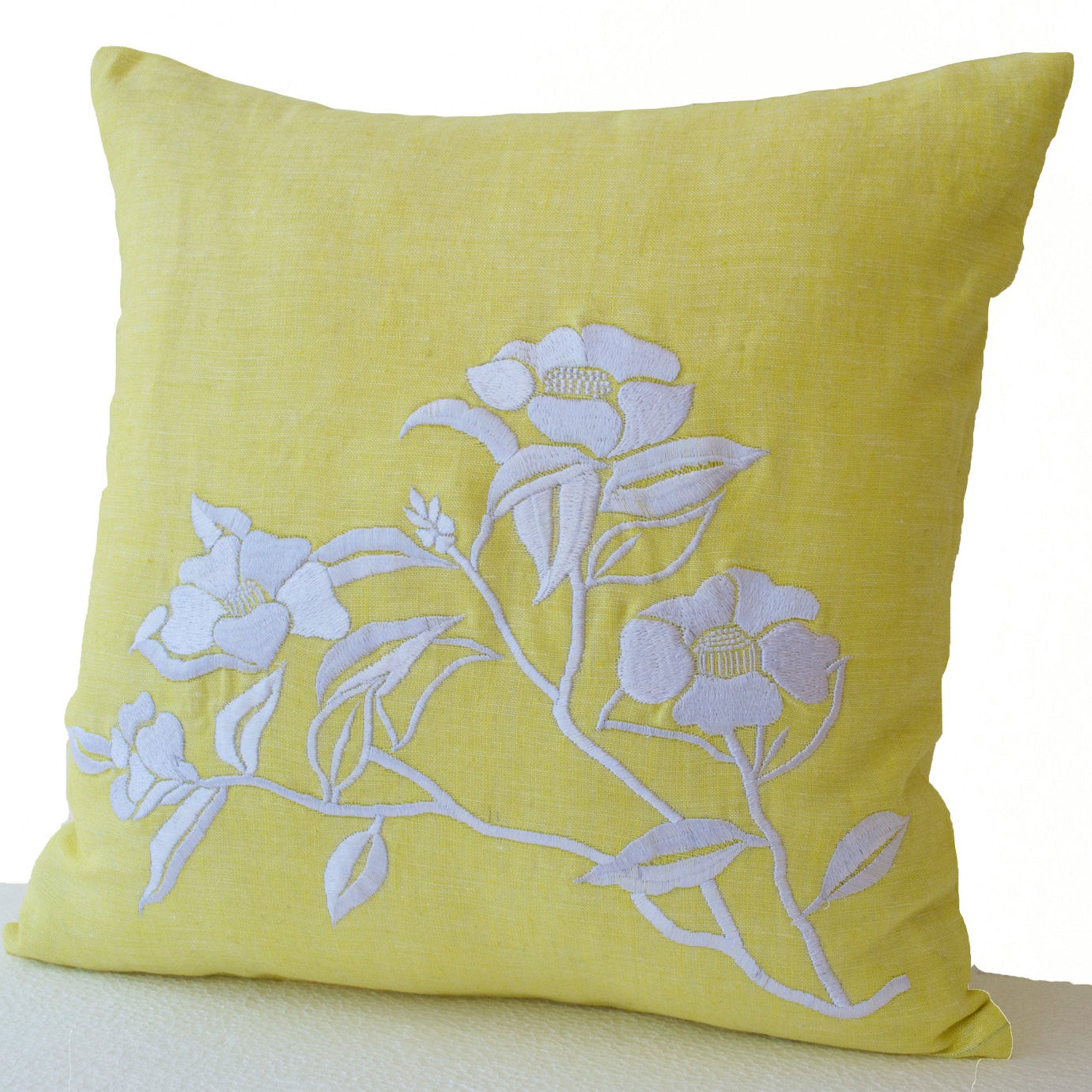 Flower Pillow- Yellow Pillow Cover -Iris Flowers Embroidered Pillow- Linen Pillow Covers- Modern Throw pillows- 16x16- Yellow White Pillows