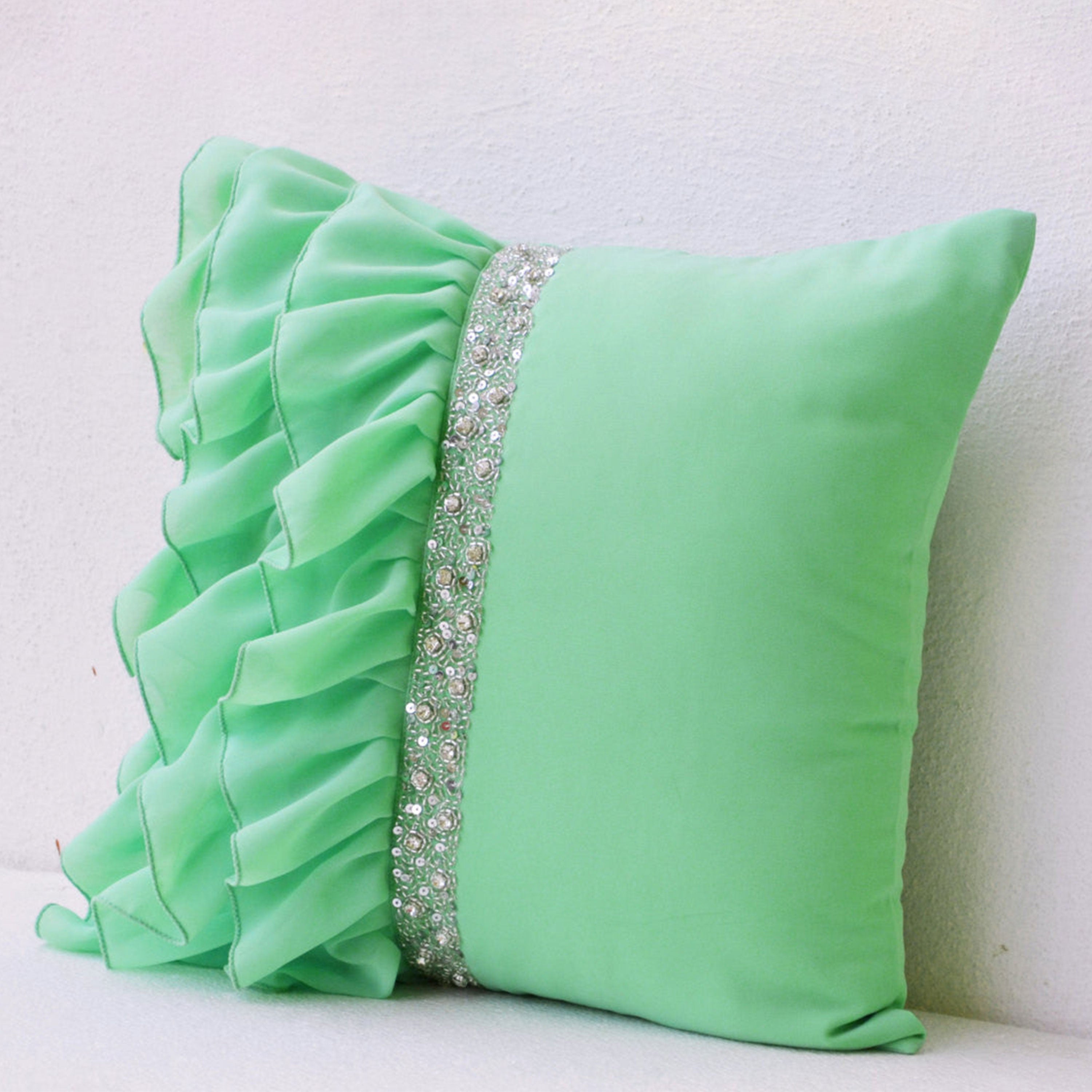 Mint green ruffled beaded throw pillows- 16X16- Decorative Throw Pillow Cases- Mint cushion cover - Gift -Rhinestone Bead Embroidered Pillow