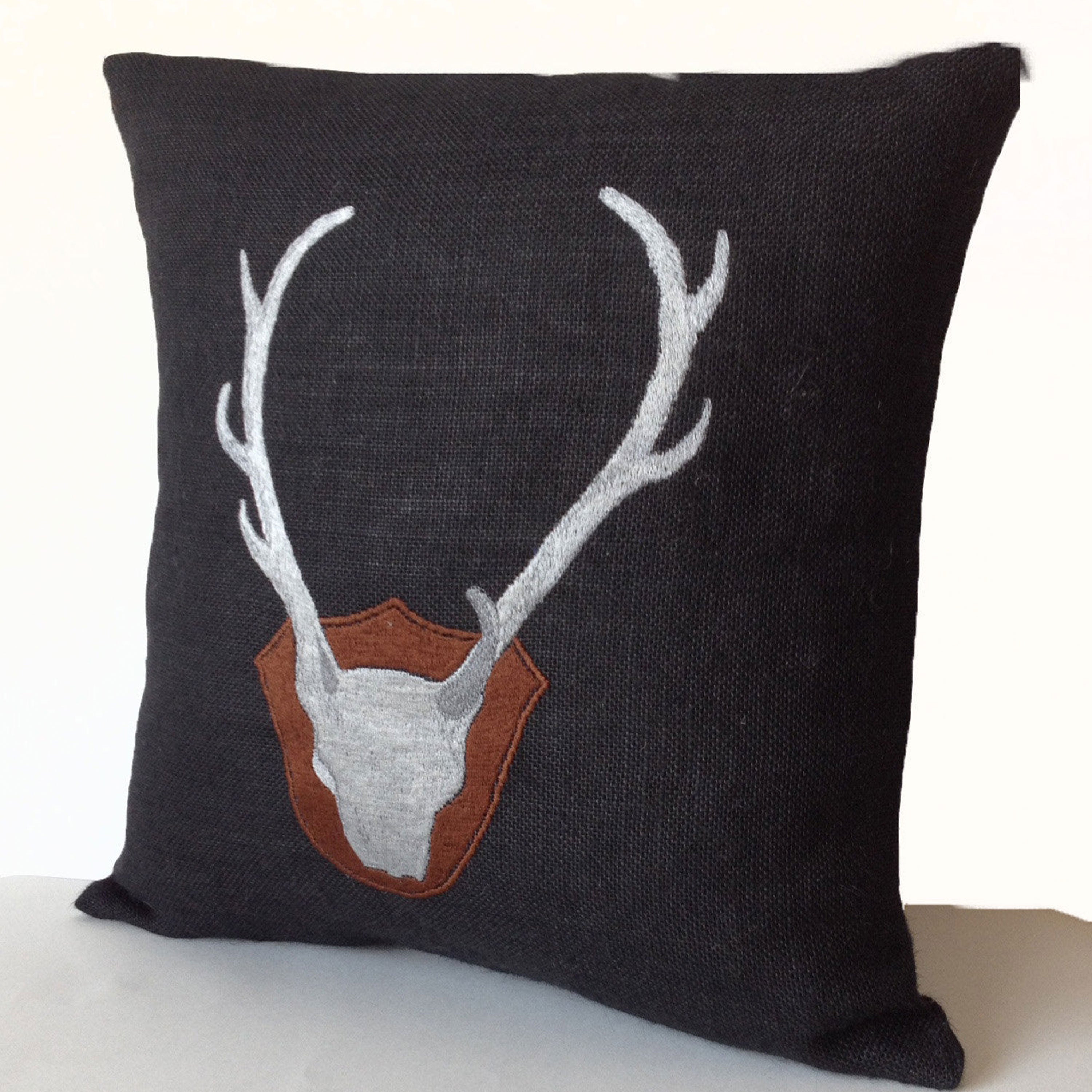 Deer Pillow Cover, Deer Antler Pillow In Black Burlap With Exquisitely Embroidered Deer Cushion