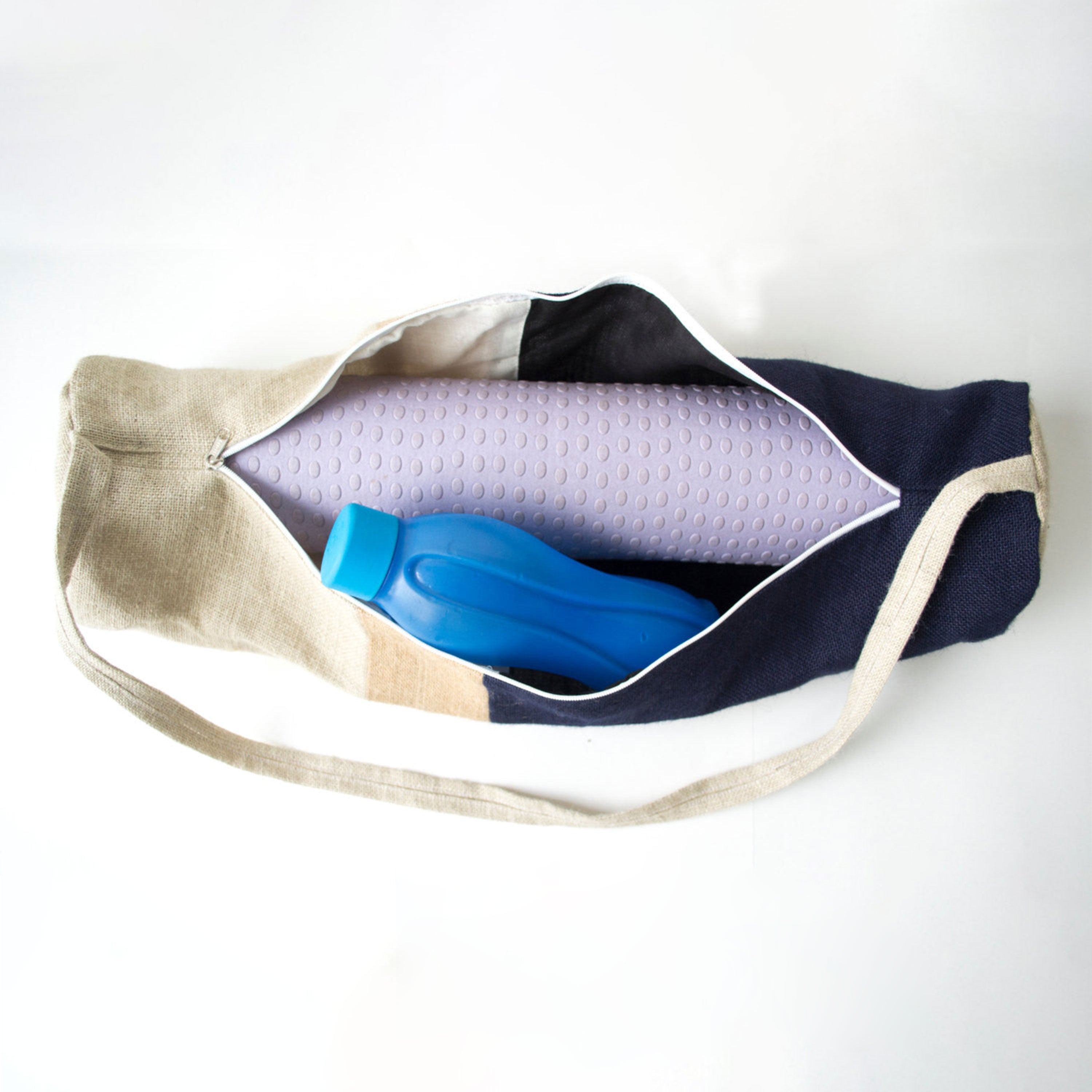 Yoga Bag - Navy Blue Burlap Color Block Yoga Mat Bag- Yoga Tote- Yoga Mat Sling- Navy Beige Cream Yoga Bag- Yoga Backpack Yoga