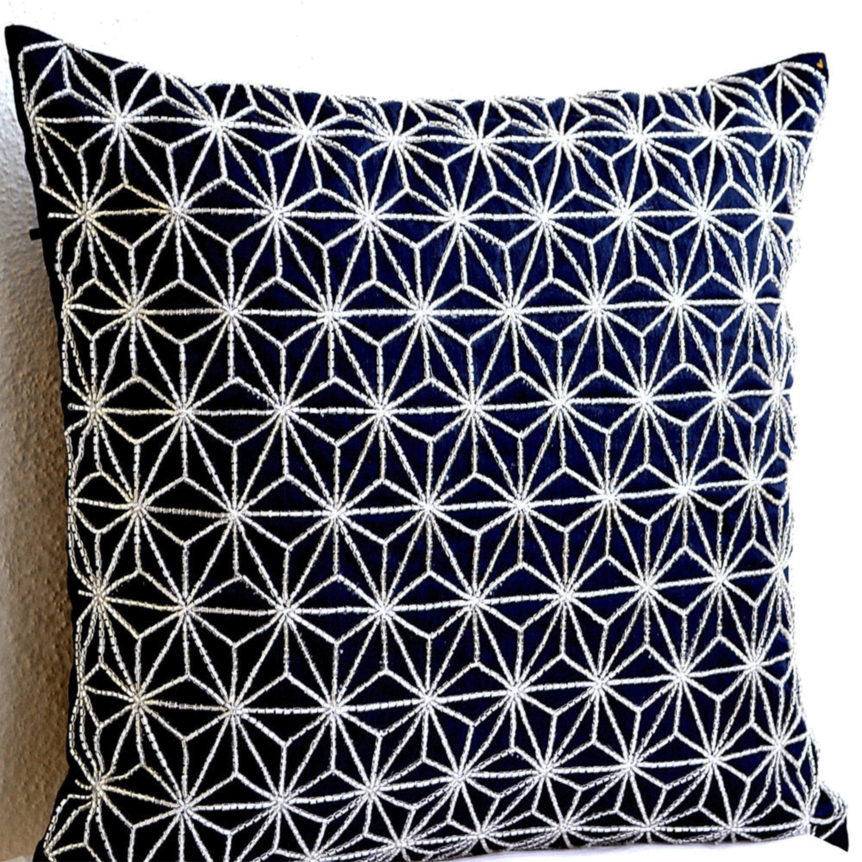 Navy Blue throw pillow with silver embroidered hemp leaf - Sashiko pillow cover- Cushion cover zipper - Geometric Throw  pillow