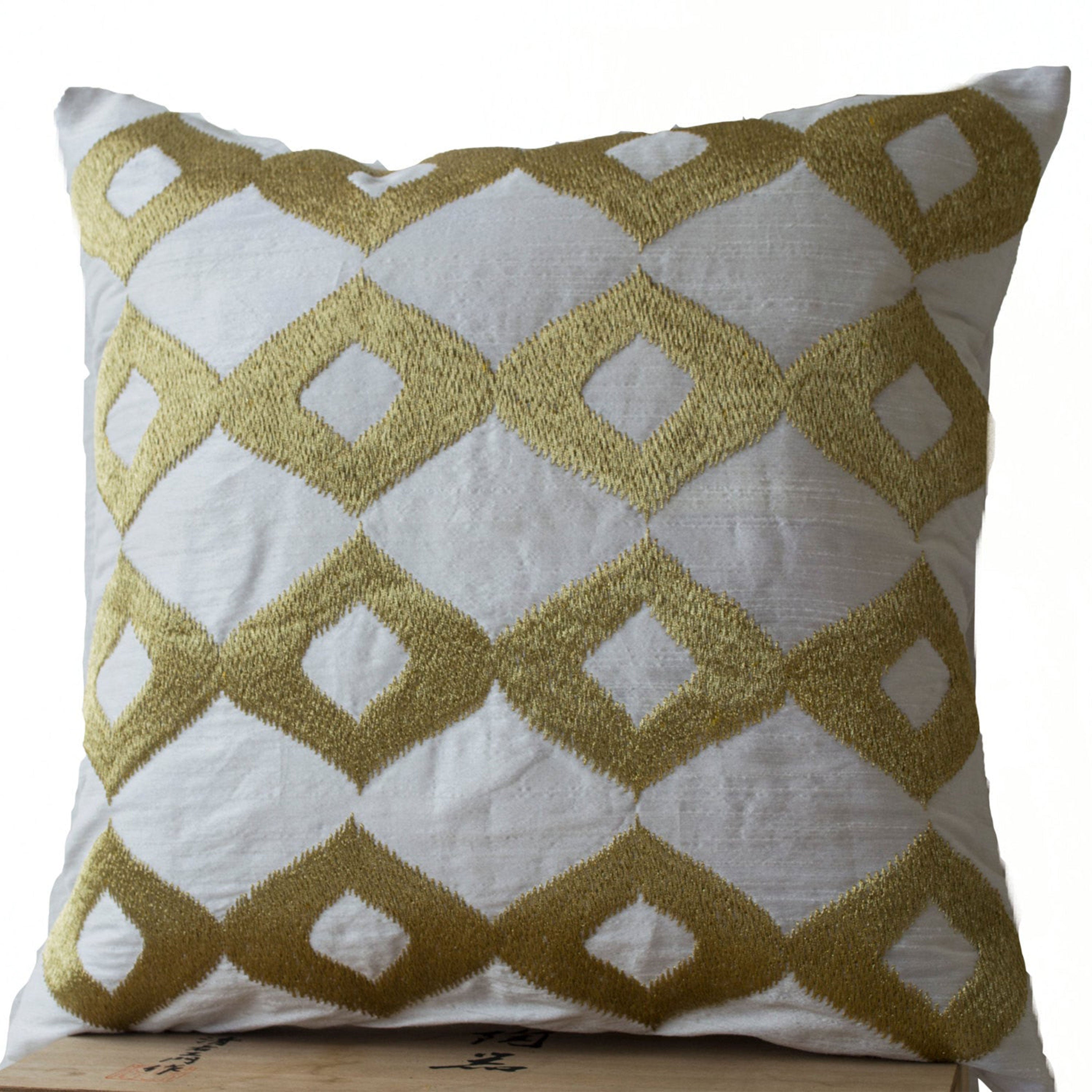 Gold Pillows- White Silk Gold Ikat Embroidered Pillow- White Gold Pillow- Silk Pillow- 16x16- Couch Pillow- White Cushion- Gift- Ikat Pillow