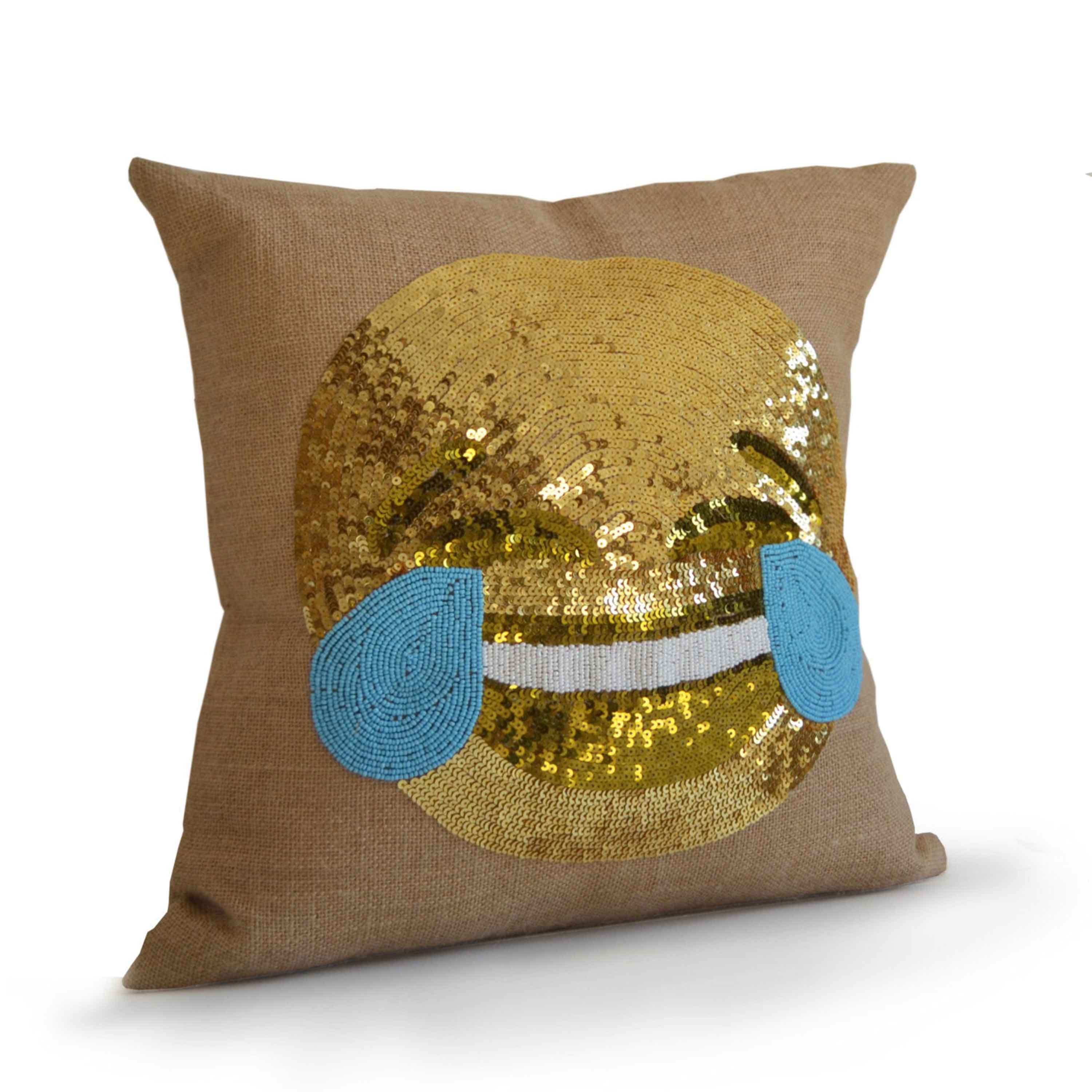 Smiley Face Pillows, Joy Pillows, Happy Face Throw Pillow Covers, Burlap Gold Pillows