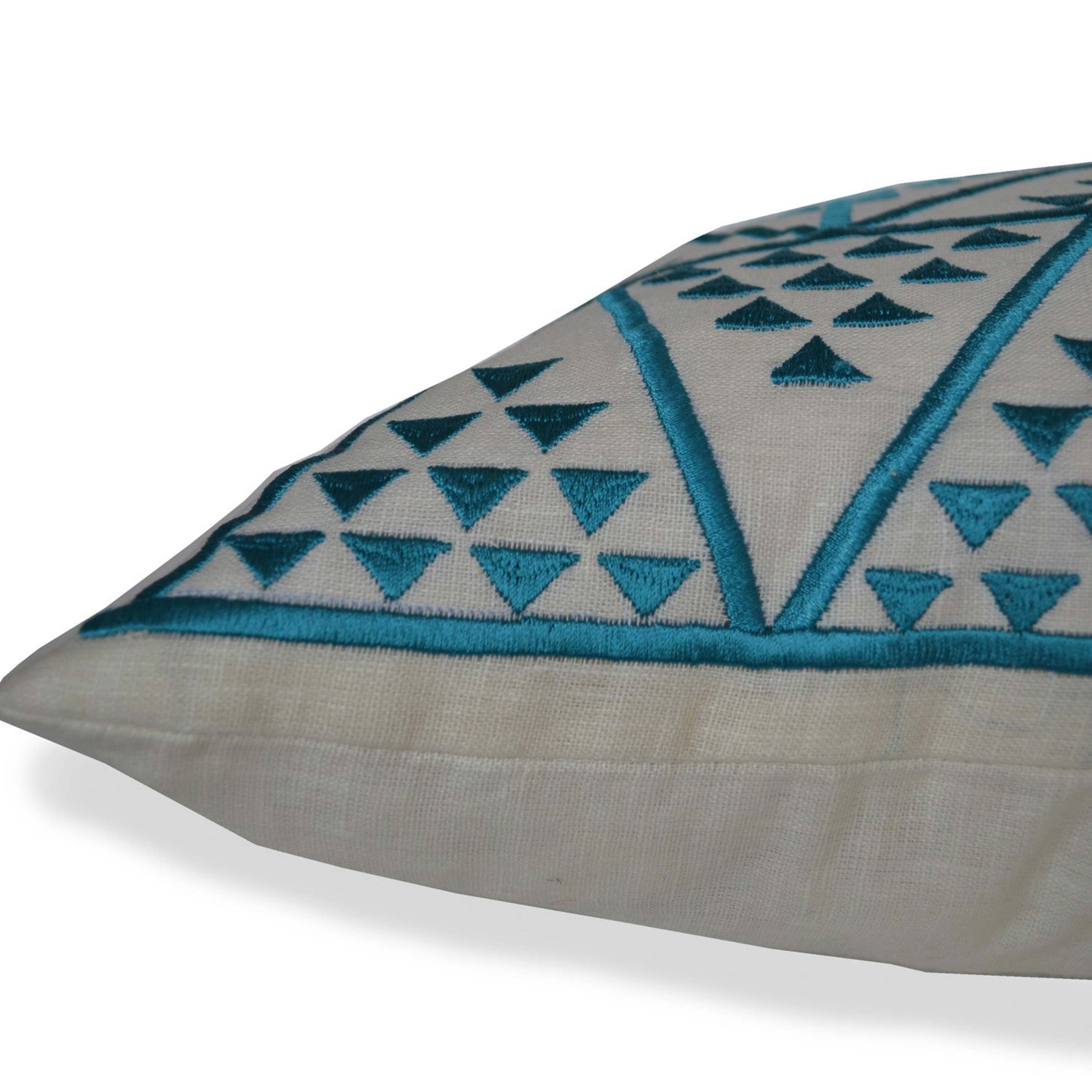 Teal Aztec Embroidery on Linen Pillow