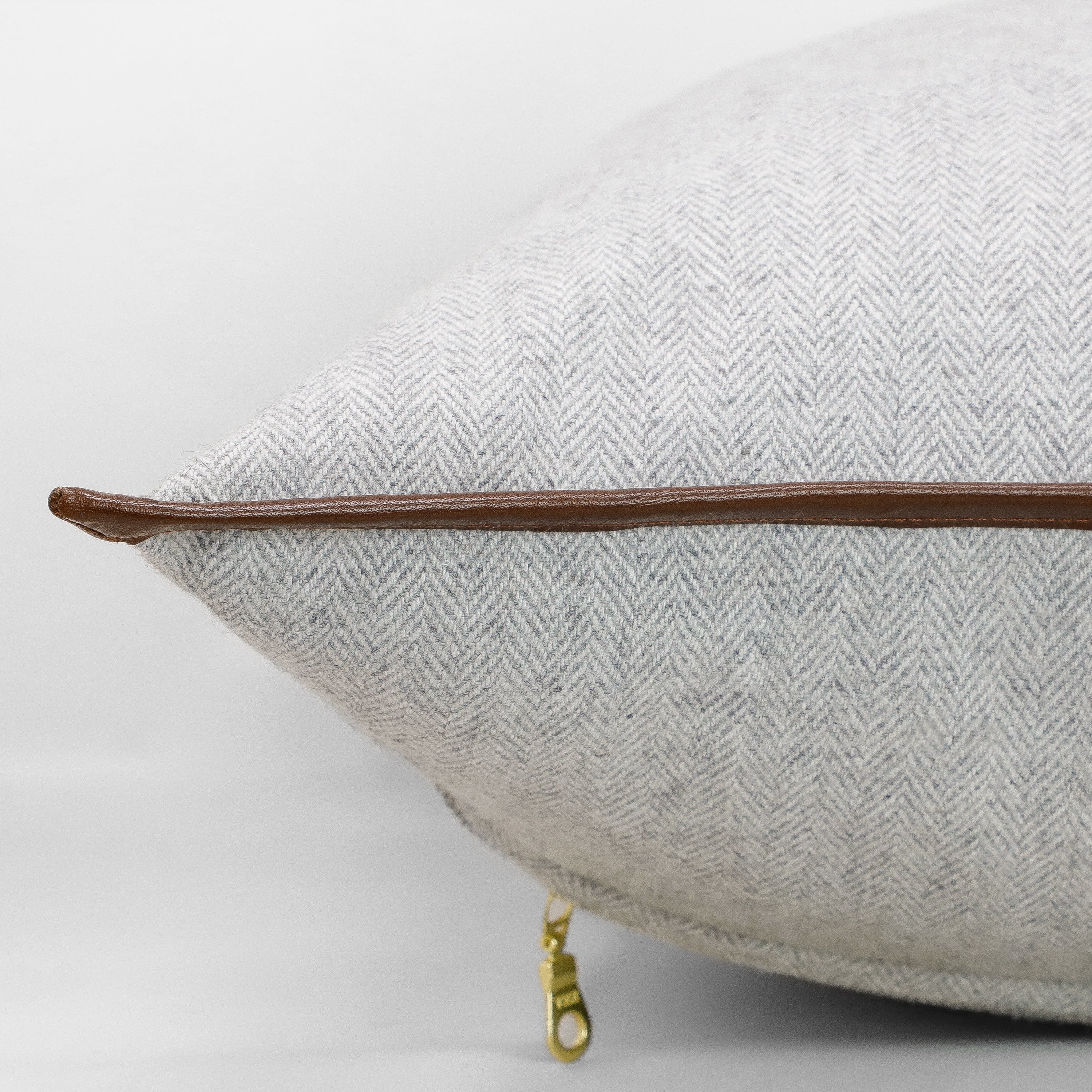 Personalized Herringbone Wool Pillow Cover with Leather Trim and Custom Monogram Embroidery
