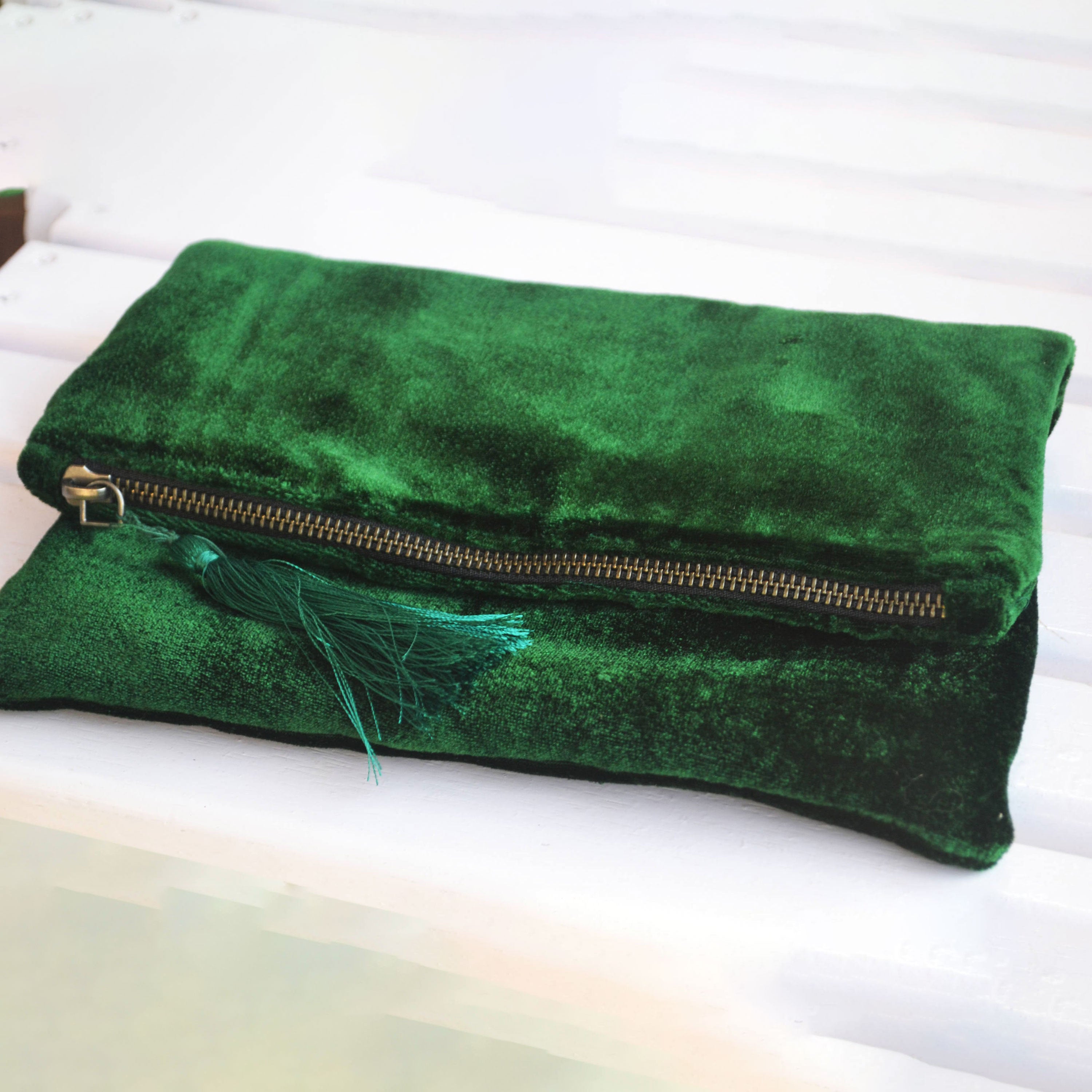 Velvet Clutch, Emerald Green Foldover Bag