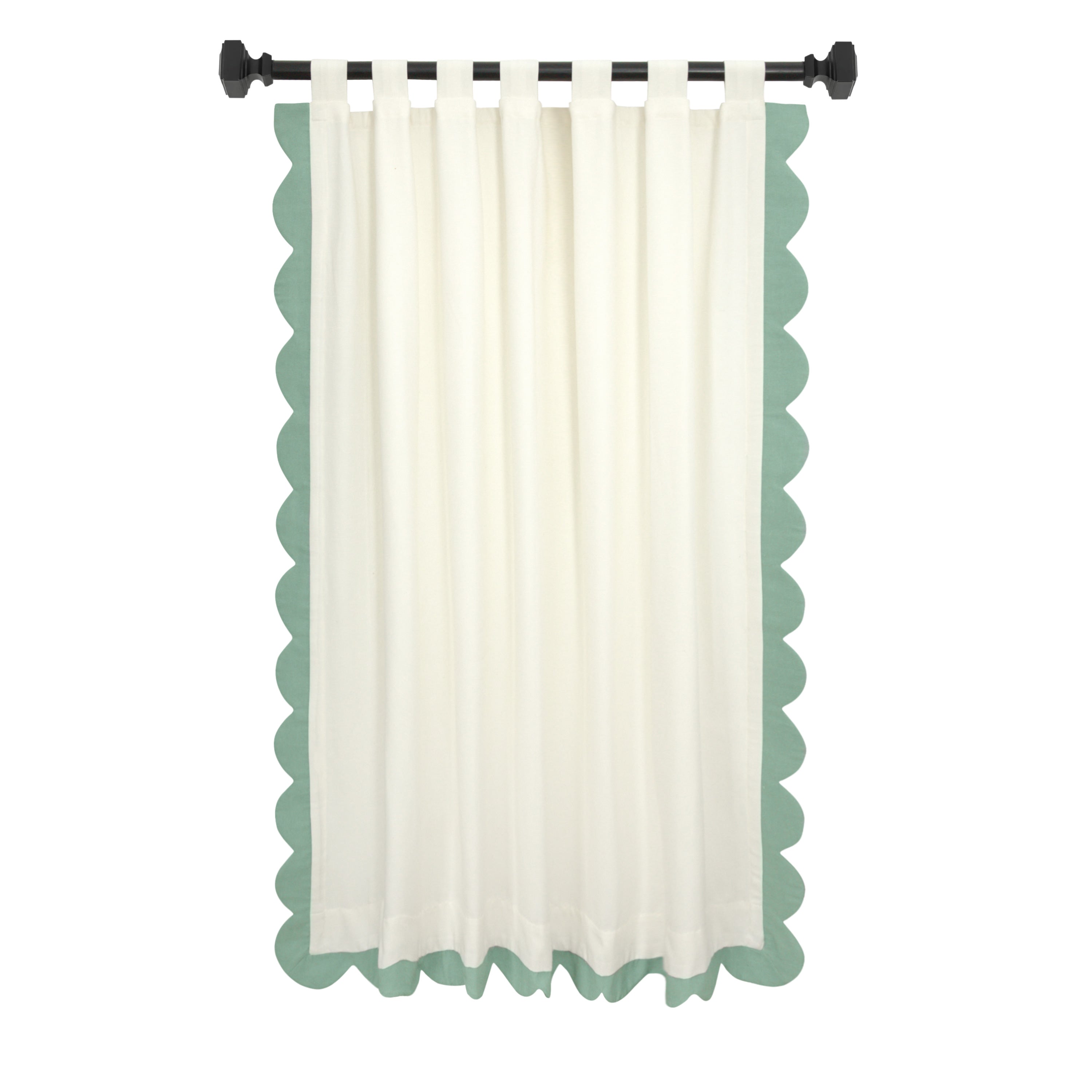 "Playful ivory-red scalloped cotton blend curtains with white cotton lining, perfect for adding style and comfort to kids' rooms, nurseries, and more!"