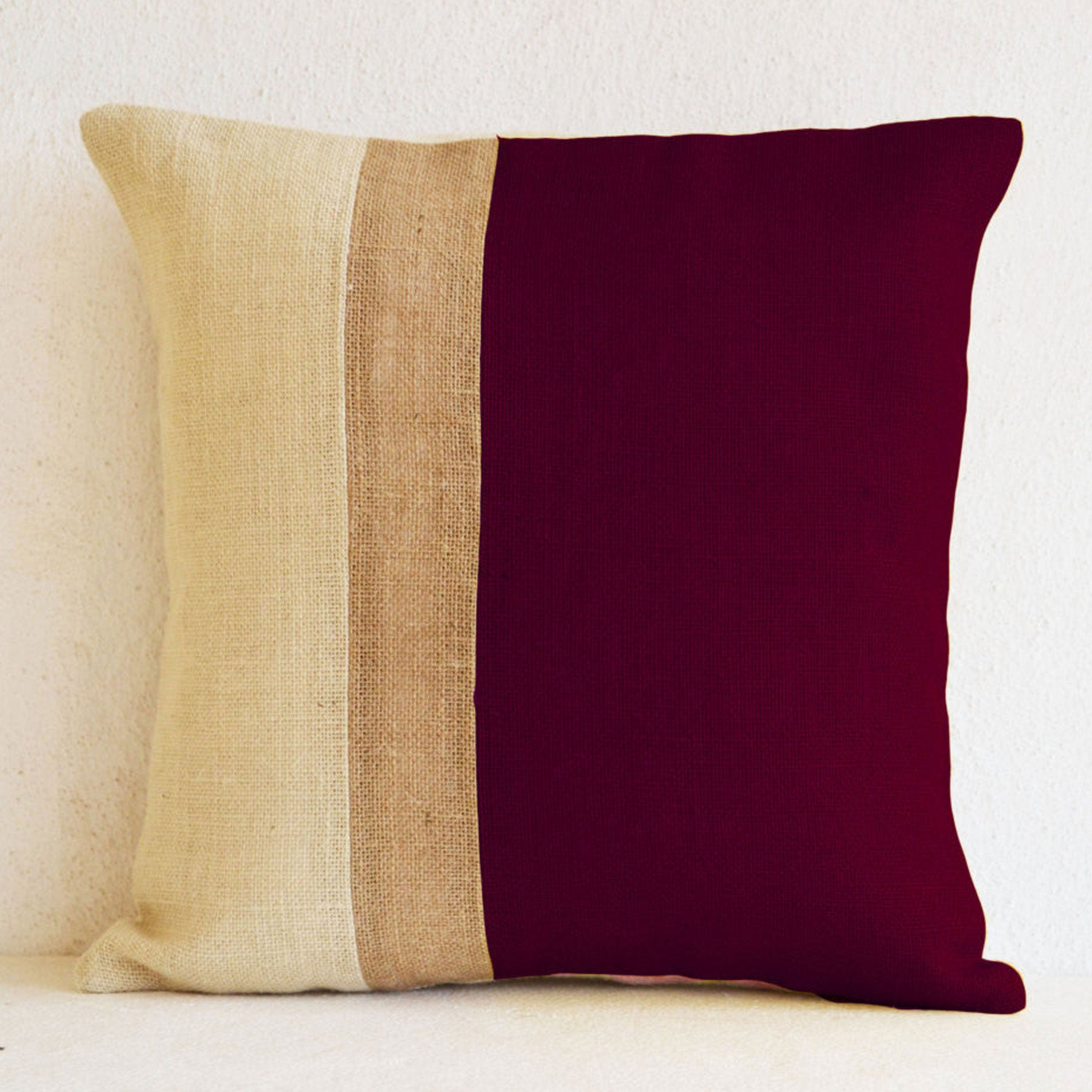 Burgundy Color Block Burlap Pillow Cover