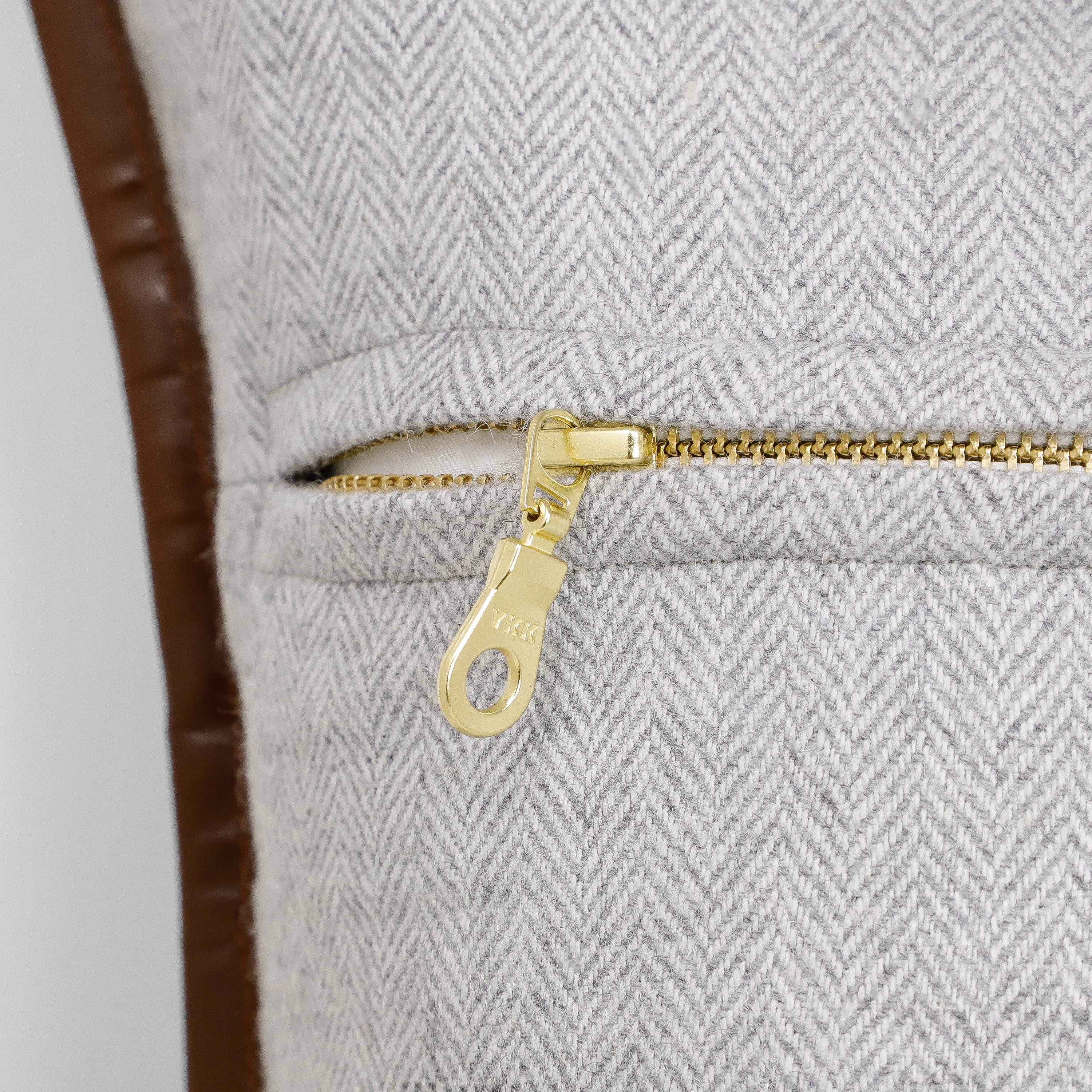 Personalized Herringbone Wool Pillow Cover with Leather Trim and Custom Monogram Embroidery