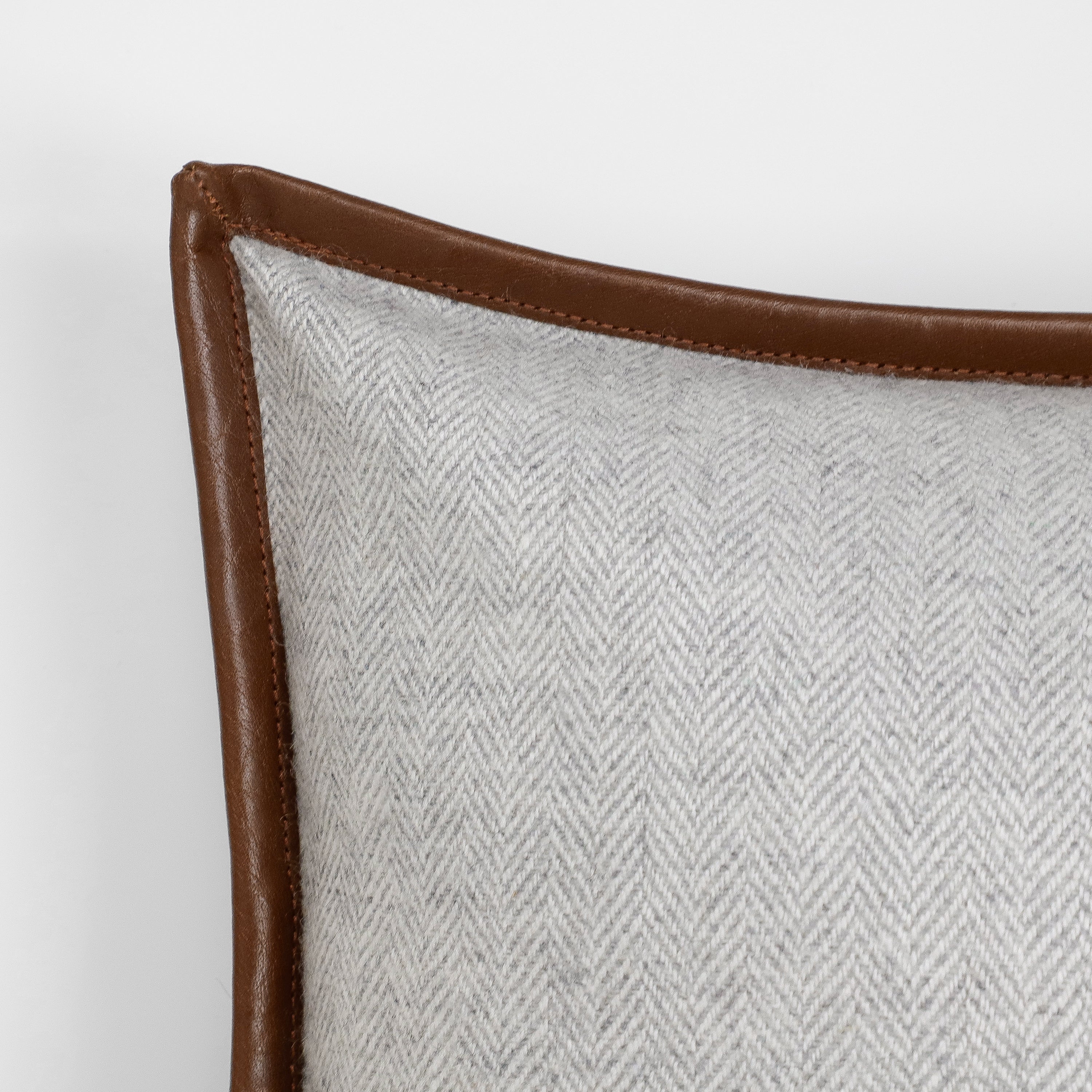 Personalized Herringbone Wool Pillow Cover with Leather Trim and Custom Monogram Embroidery