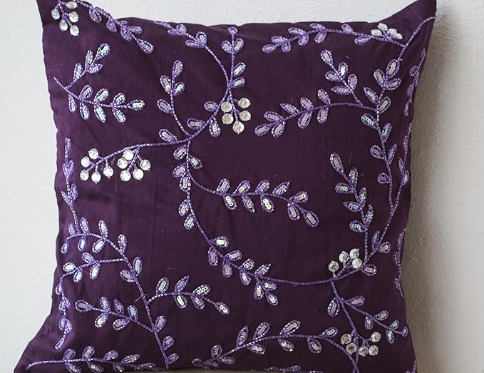 Radiant orchid throw pillows bead sequin detail - Leaves pillow - Cotton Silk pillow - Cushion cover - 16X16 -Purple pillow - Crystal Pillow