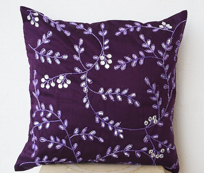 Radiant orchid throw pillows bead sequin detail - Leaves pillow - Cotton Silk pillow - Cushion cover - 16X16 -Purple pillow - Crystal Pillow