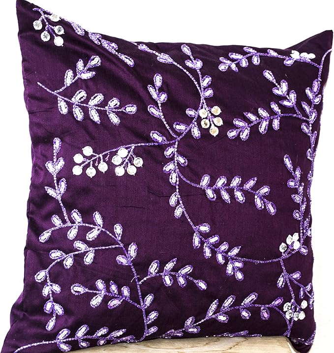 Radiant orchid throw pillows bead sequin detail - Leaves pillow - Cotton Silk pillow - Cushion cover - 16X16 -Purple pillow - Crystal Pillow