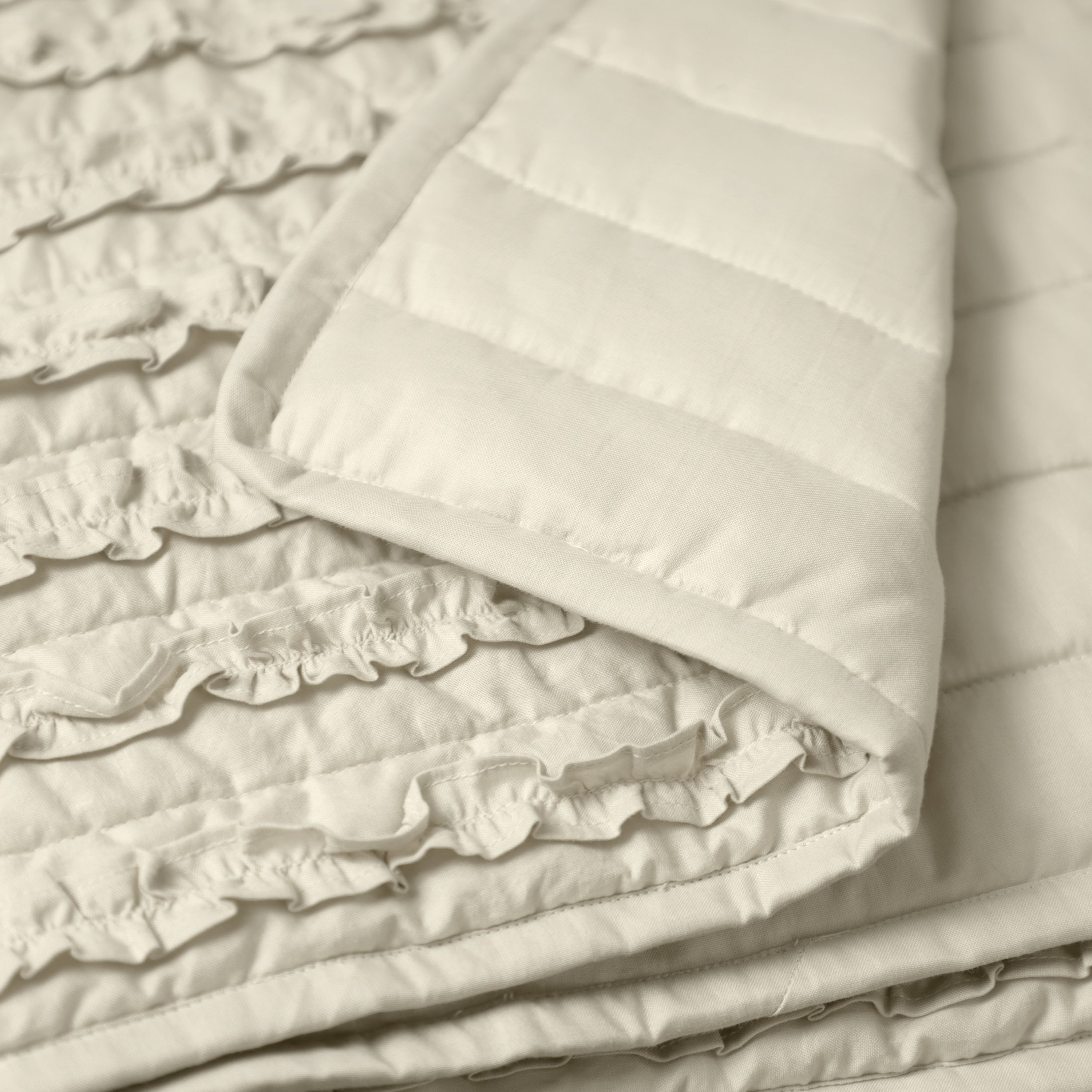 Pick-stitched quilt with cotton ruffles on the front side, covering 1/3 of the quilt. Made with the same cotton fabric on the reverse side and soft polyfill batting. Machine washable on a gentle cycle with mild detergent.