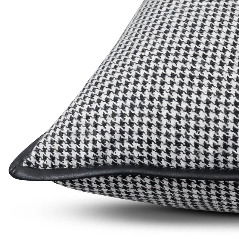 Black and White Houndstooth Pillow Cover with Leather Trim