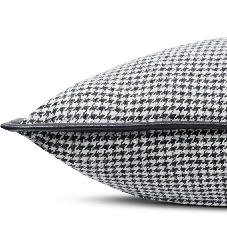 Black and White Houndstooth Pillow Cover with Leather Trim