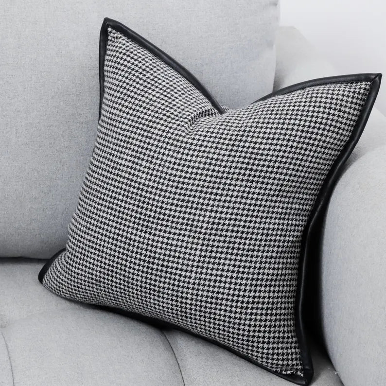 Black and White Houndstooth Pillow Cover with Leather Trim