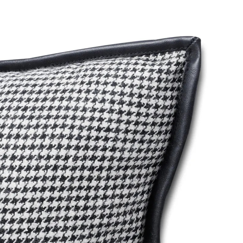 Black and White Houndstooth Pillow Cover with Leather Trim