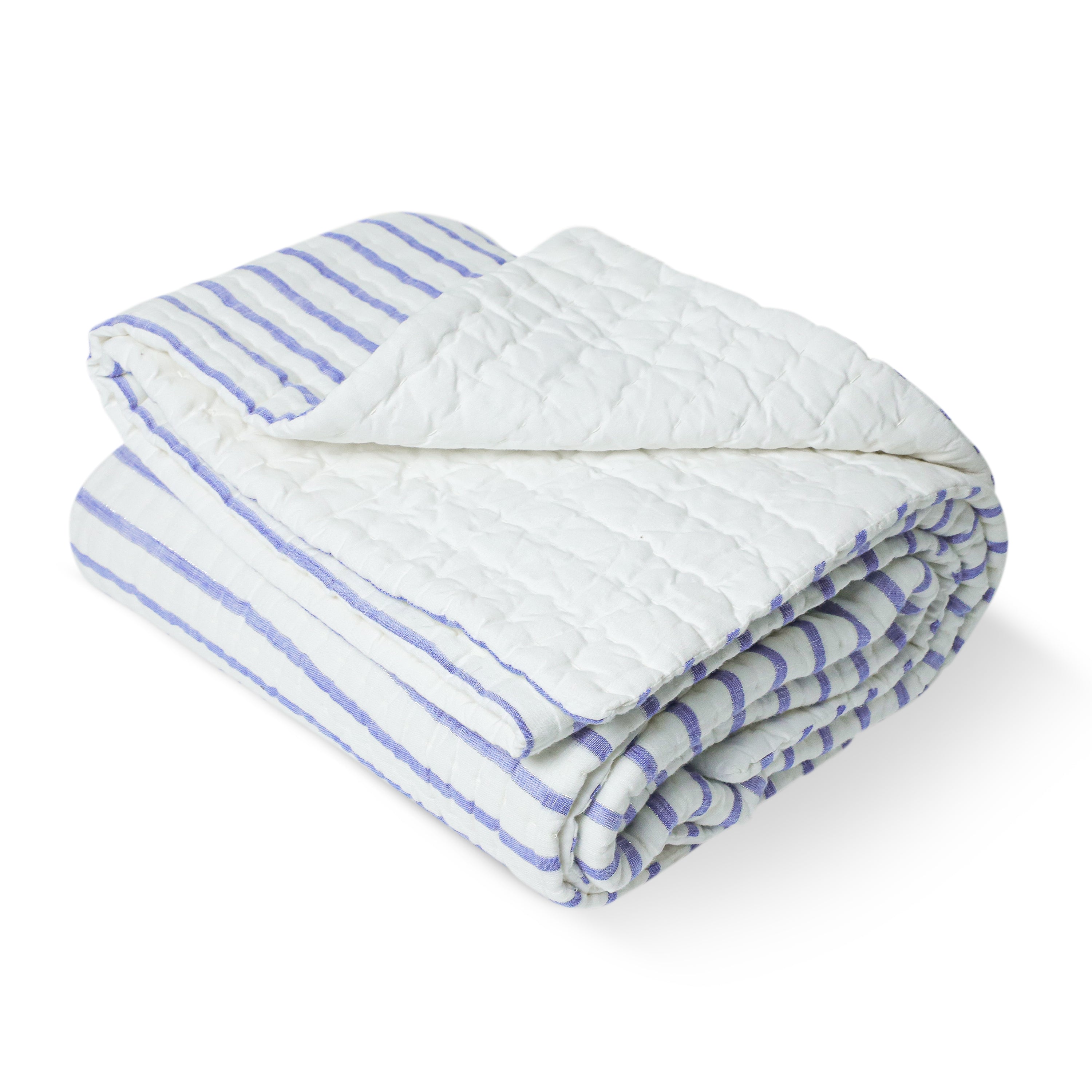 The striped quilt can be machine washed in gentle mode with mild detergent. The cotton batting keep the quilt breathable. 