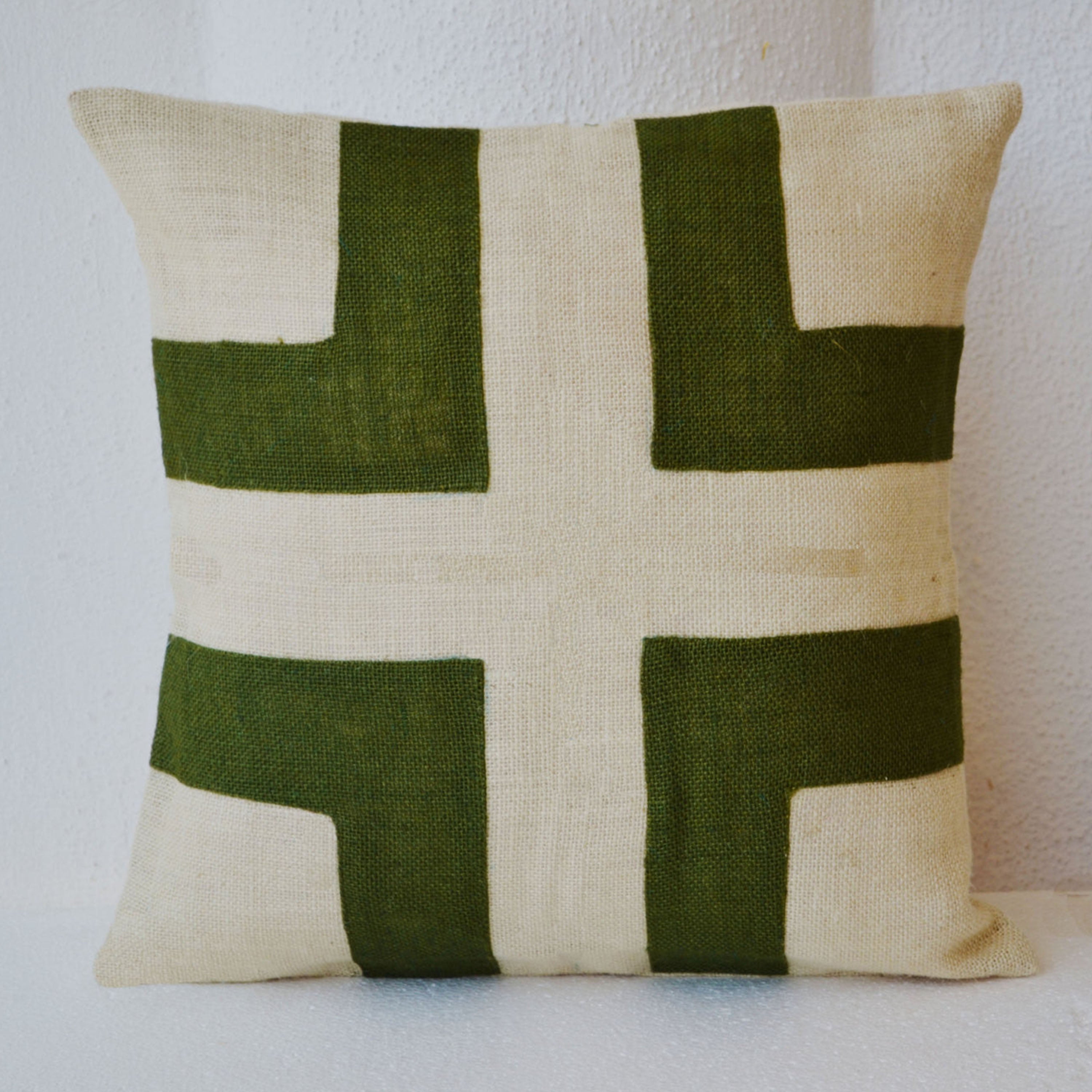 Cream Burlap Cushion Cover With Green Applique Decorative Cushion Cover In Bold Geometric Design