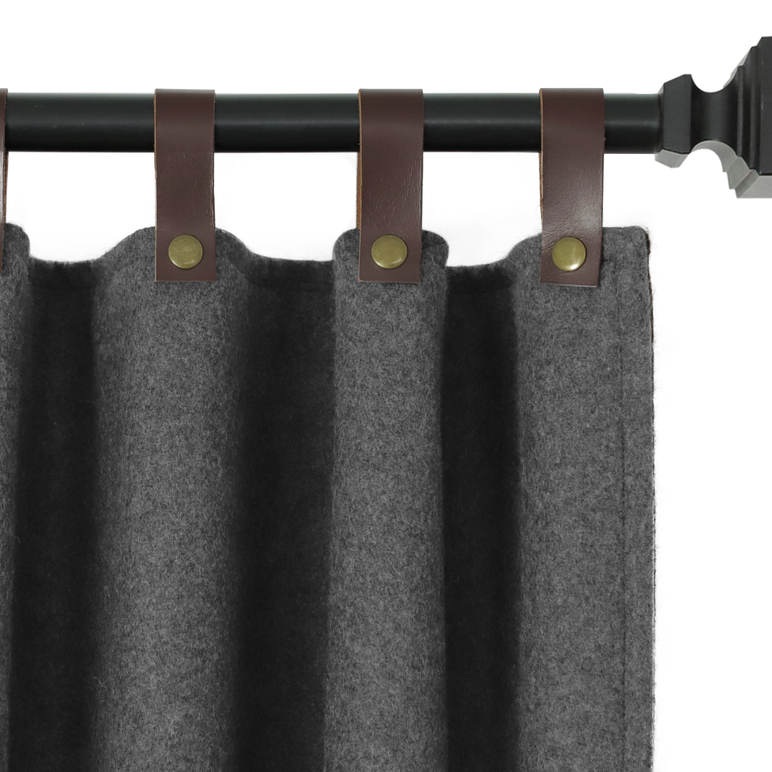 Double-layer door and window curtains with leather tabs, button closure, designed for fixed rods, and snap closure wool curtains.