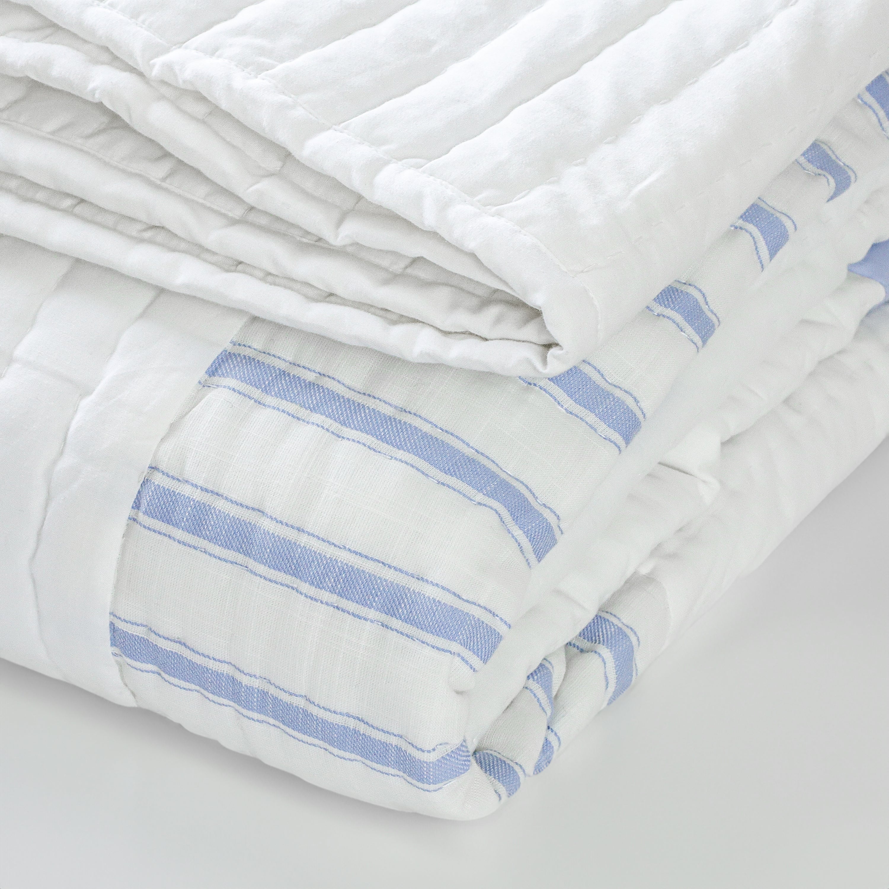 Timeless quilt: Made with cotton fabric on both sides, this quilt features blue patchwork on the front and a white cotton reverse. Soft cotton batting adds comfort.