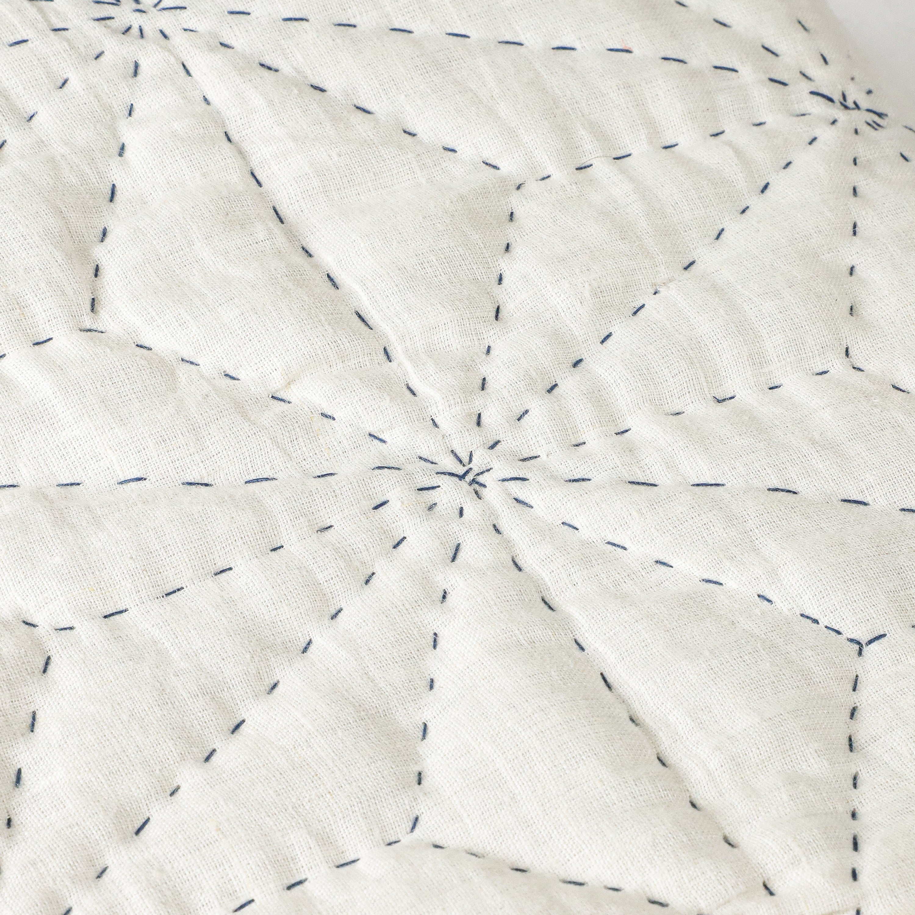 Handmade pick stitch quilt with star pattern. Handmade oatmeal linen quilt.