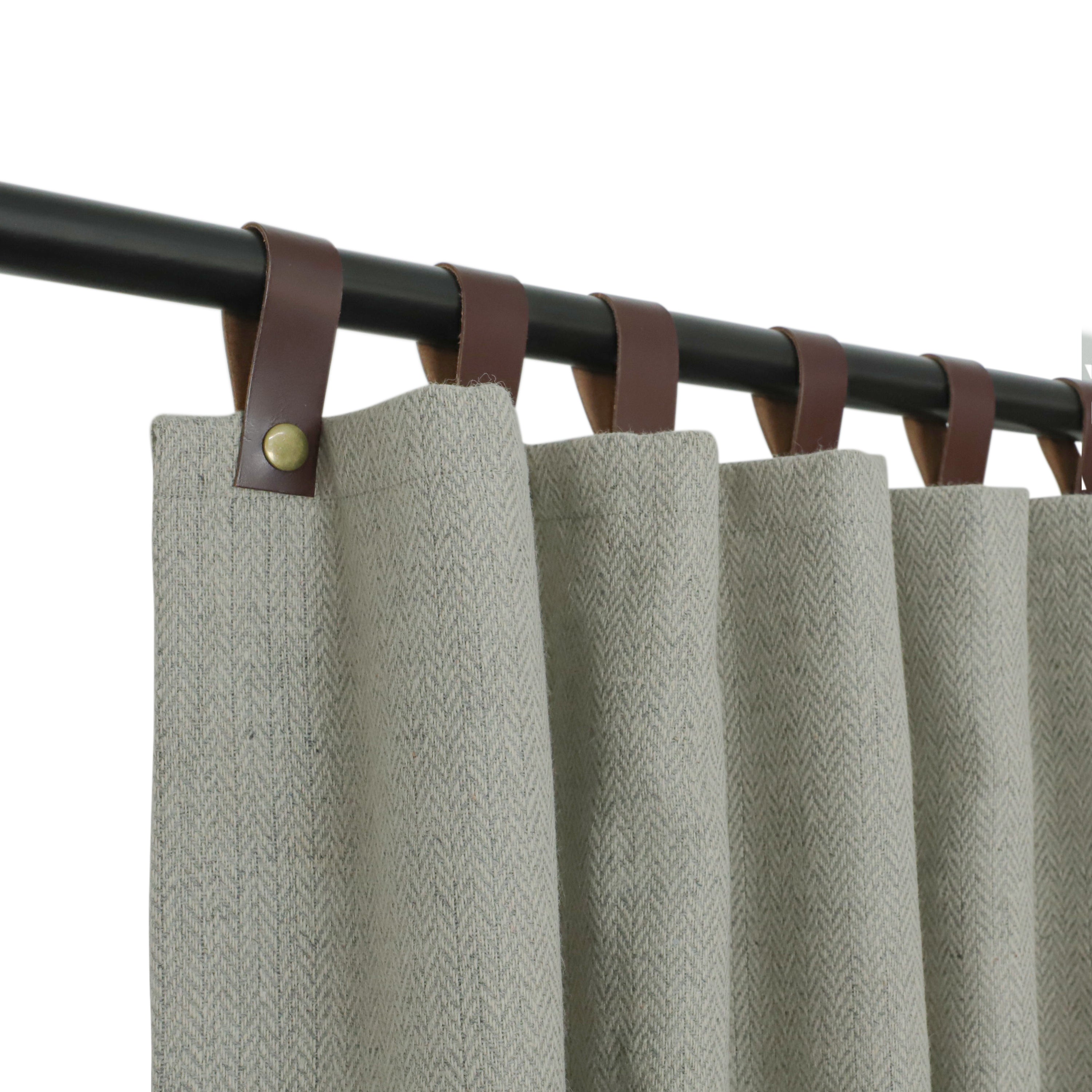 Light Grey Chevron Wool Curtains with Leather Tabs