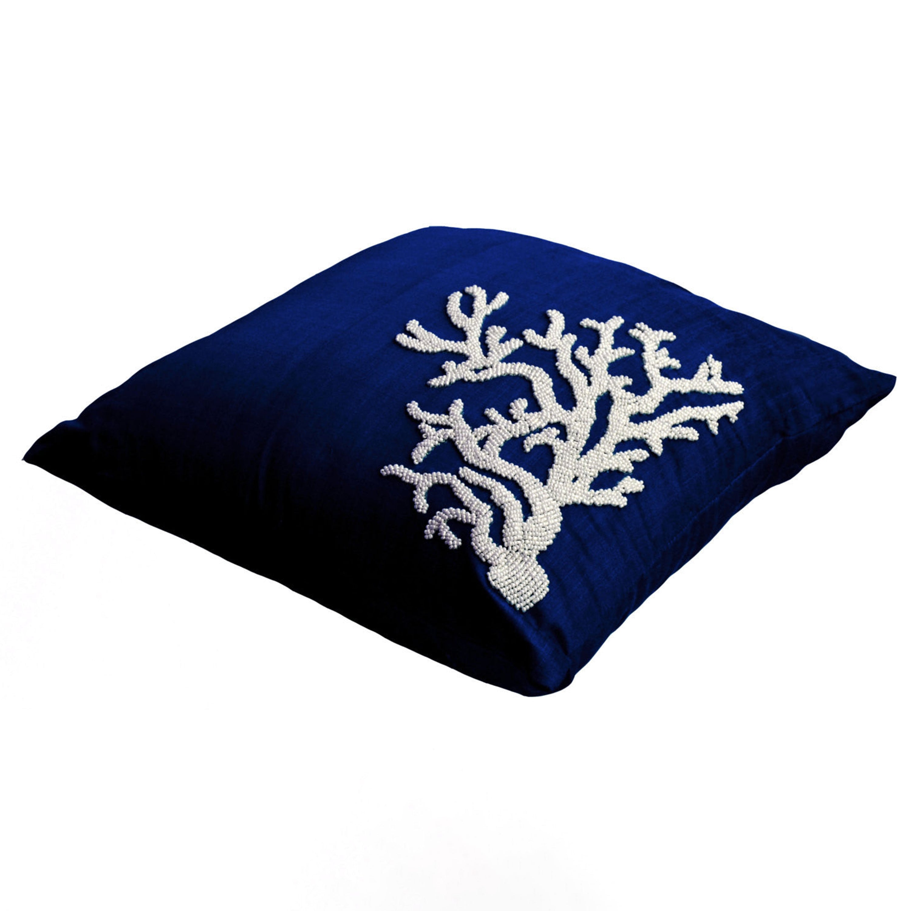 Oceanic Throw Pillow With White Coral Embroidered On Navy Blue Silk