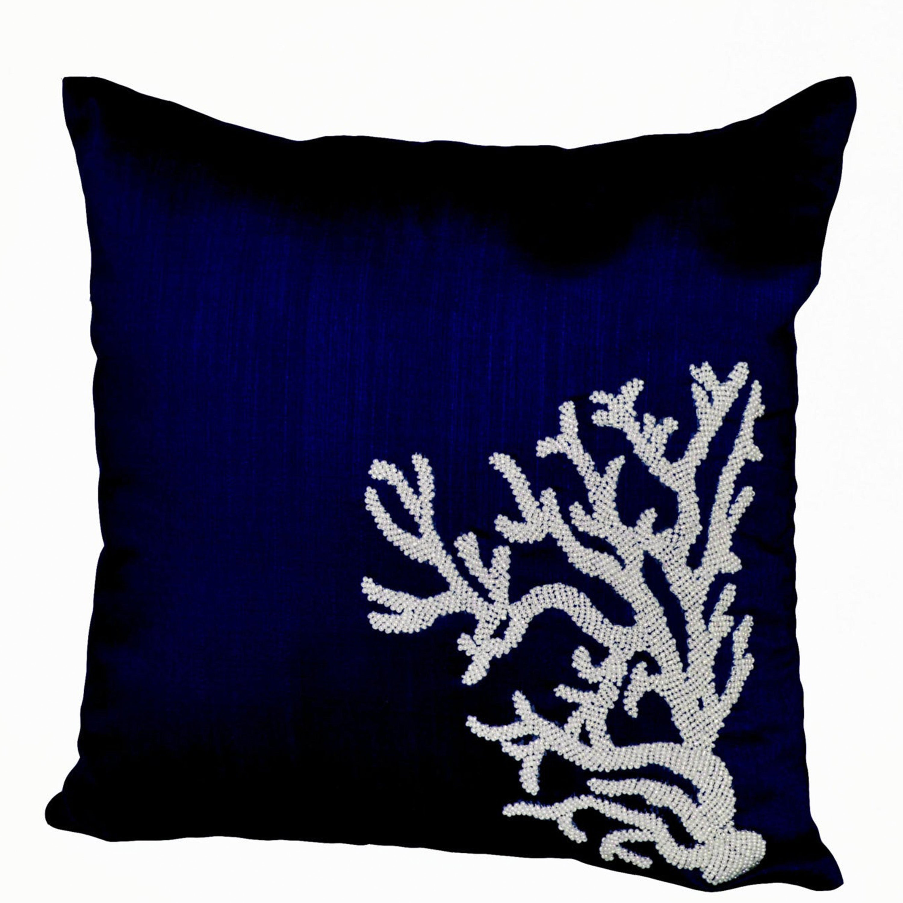 Oceanic Throw Pillow With White Coral Embroidered On Navy Blue Silk