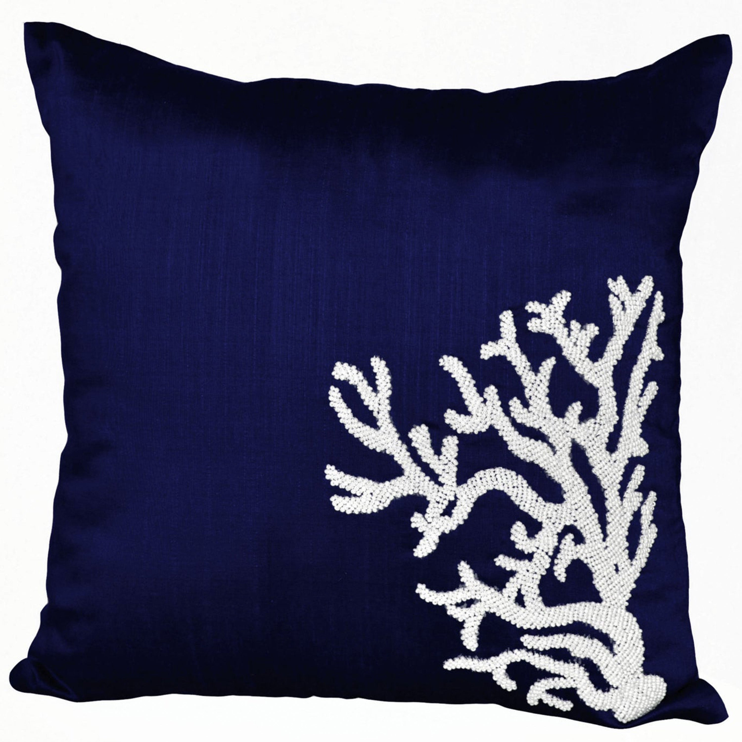 Oceanic Throw Pillow With White Coral Embroidered On Navy Blue Silk