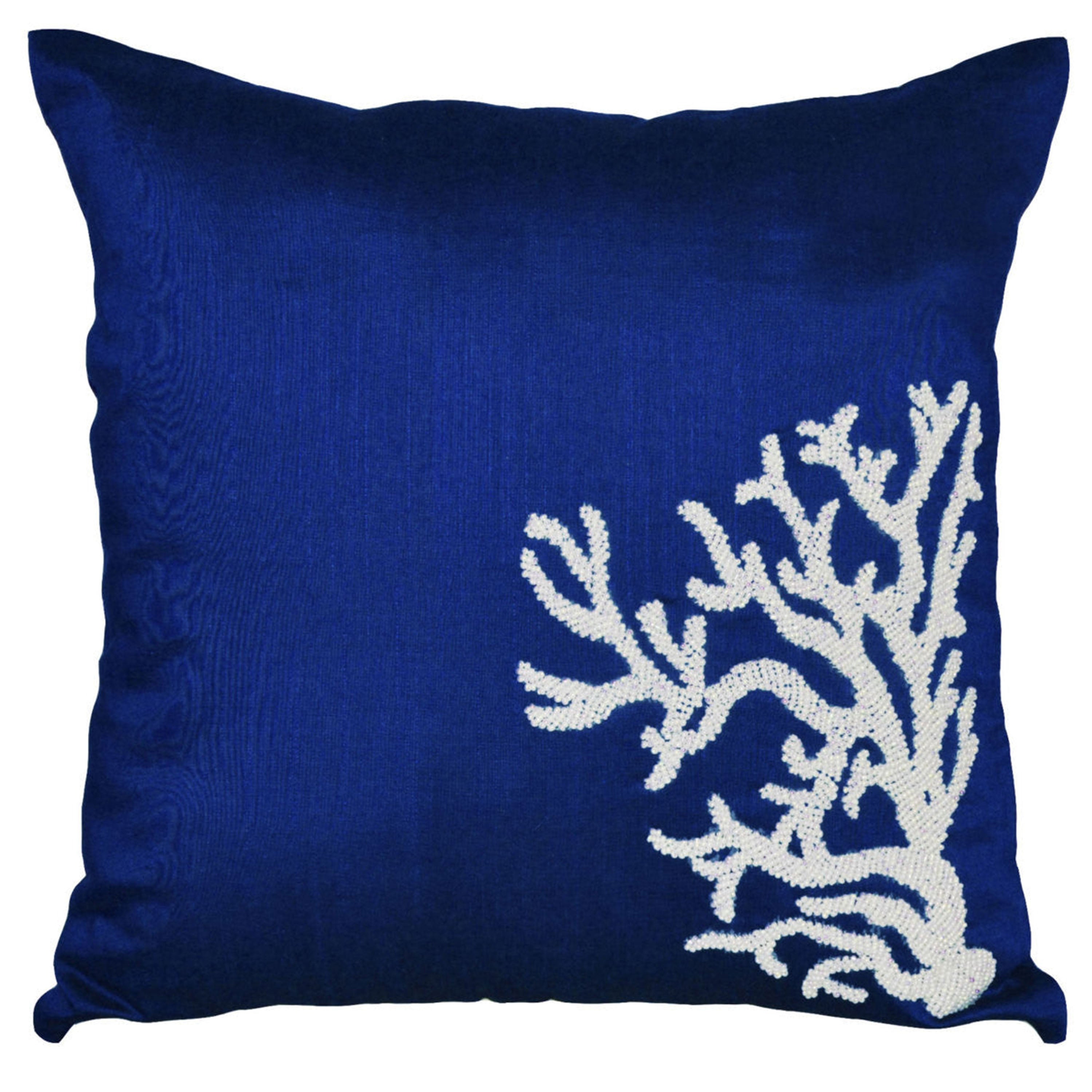 Oceanic Throw Pillow With White Coral Embroidered On Navy Blue Silk