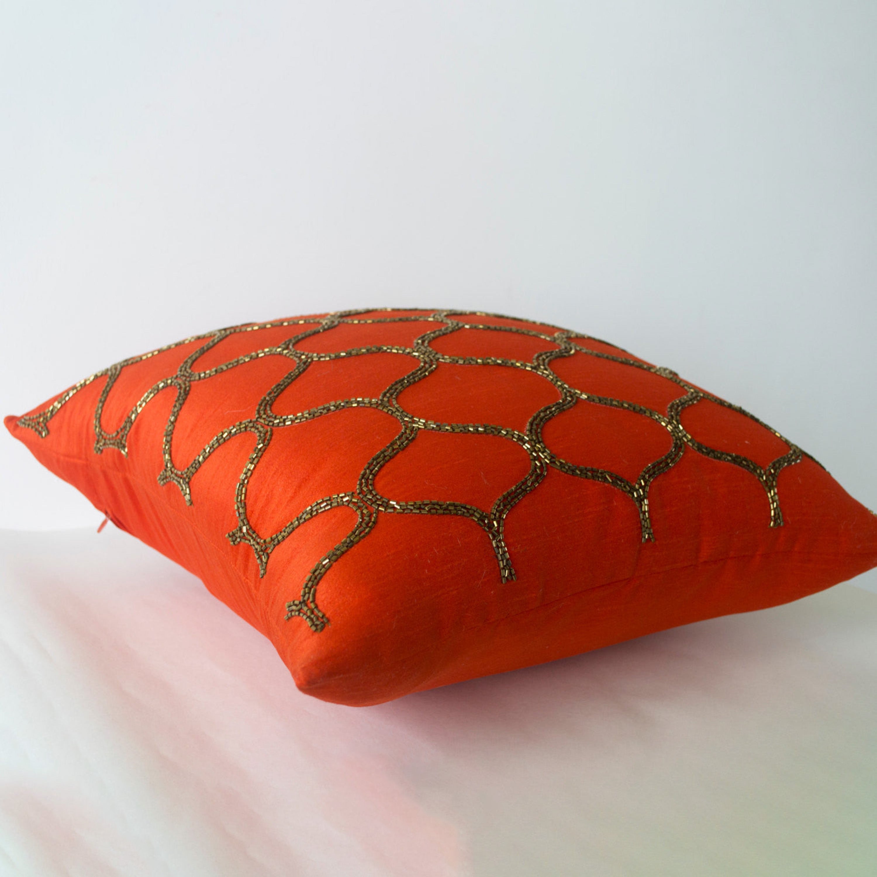 Orange Decorative Pillow -Orange Pillow -Orange Silk Pillow - Orange Brown Gold Pillow Covers -Sequin Pillows -18x18 -Gift -Autumn Decor