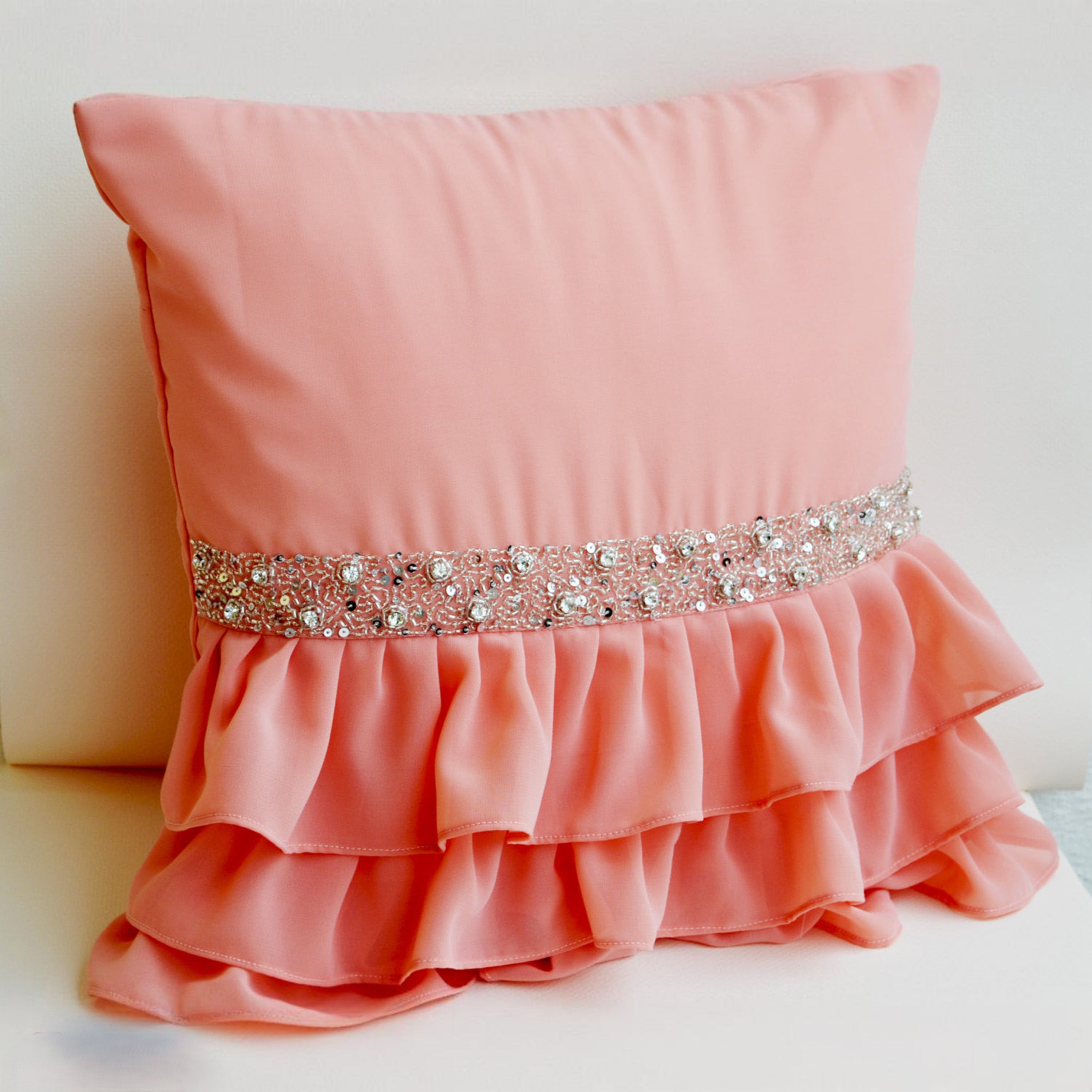 Peach ruffled throw pillows - Ruffle pillow - 16X16  - Decorative Pillow - Peach cushion cover - Gift Pillow - Sequin pillow -Ruffle cushion