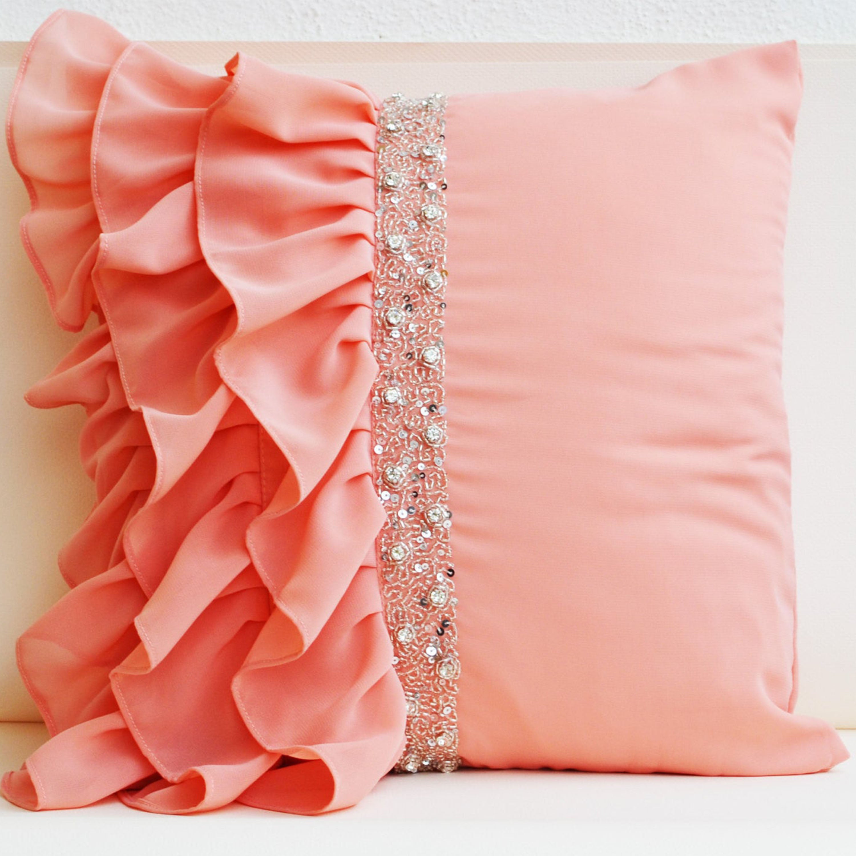 Peach ruffled throw pillows - Ruffle pillow - 16X16  - Decorative Pillow - Peach cushion cover - Gift Pillow - Sequin pillow -Ruffle cushion