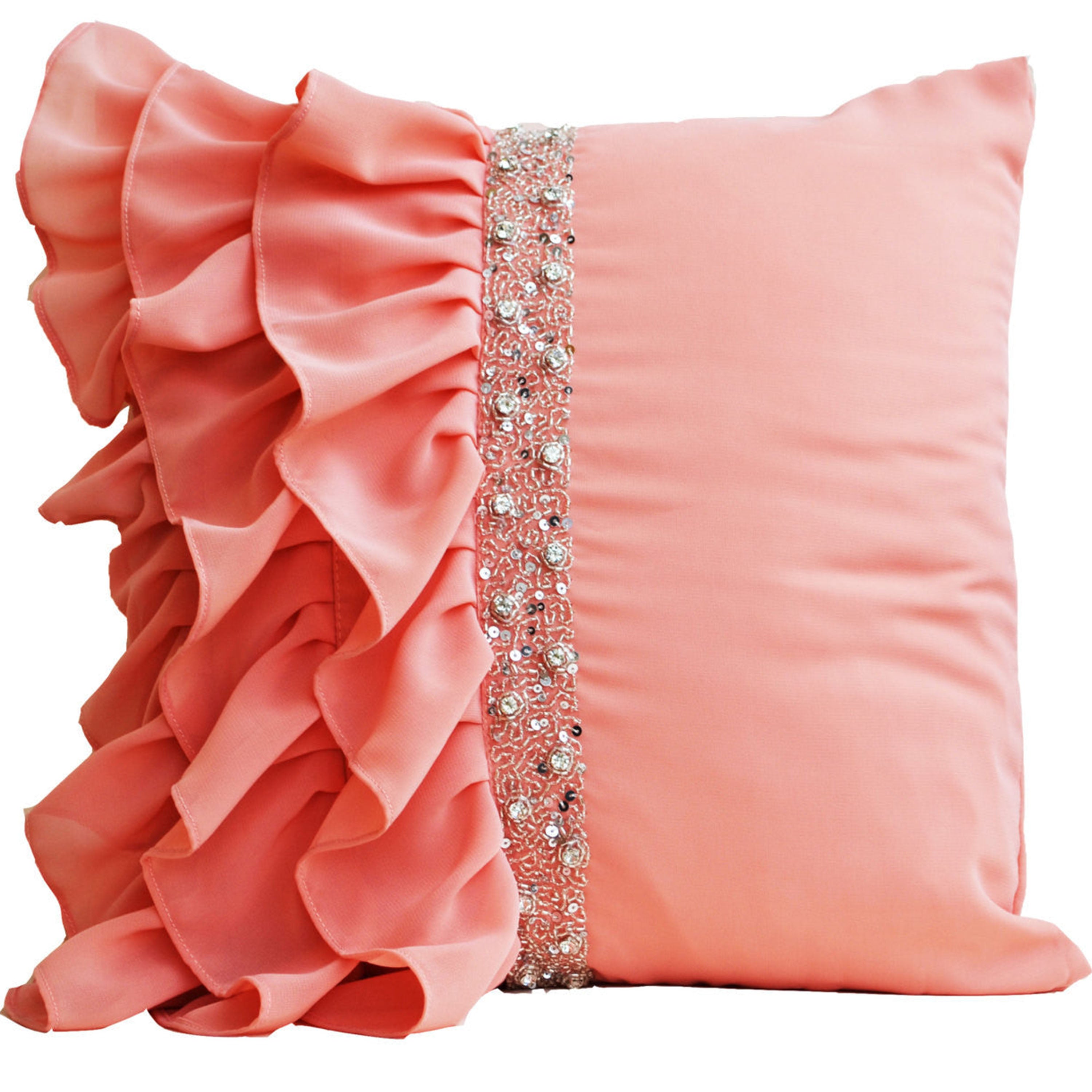 Peach ruffled throw pillows - Ruffle pillow - 16X16  - Decorative Pillow - Peach cushion cover - Gift Pillow - Sequin pillow -Ruffle cushion