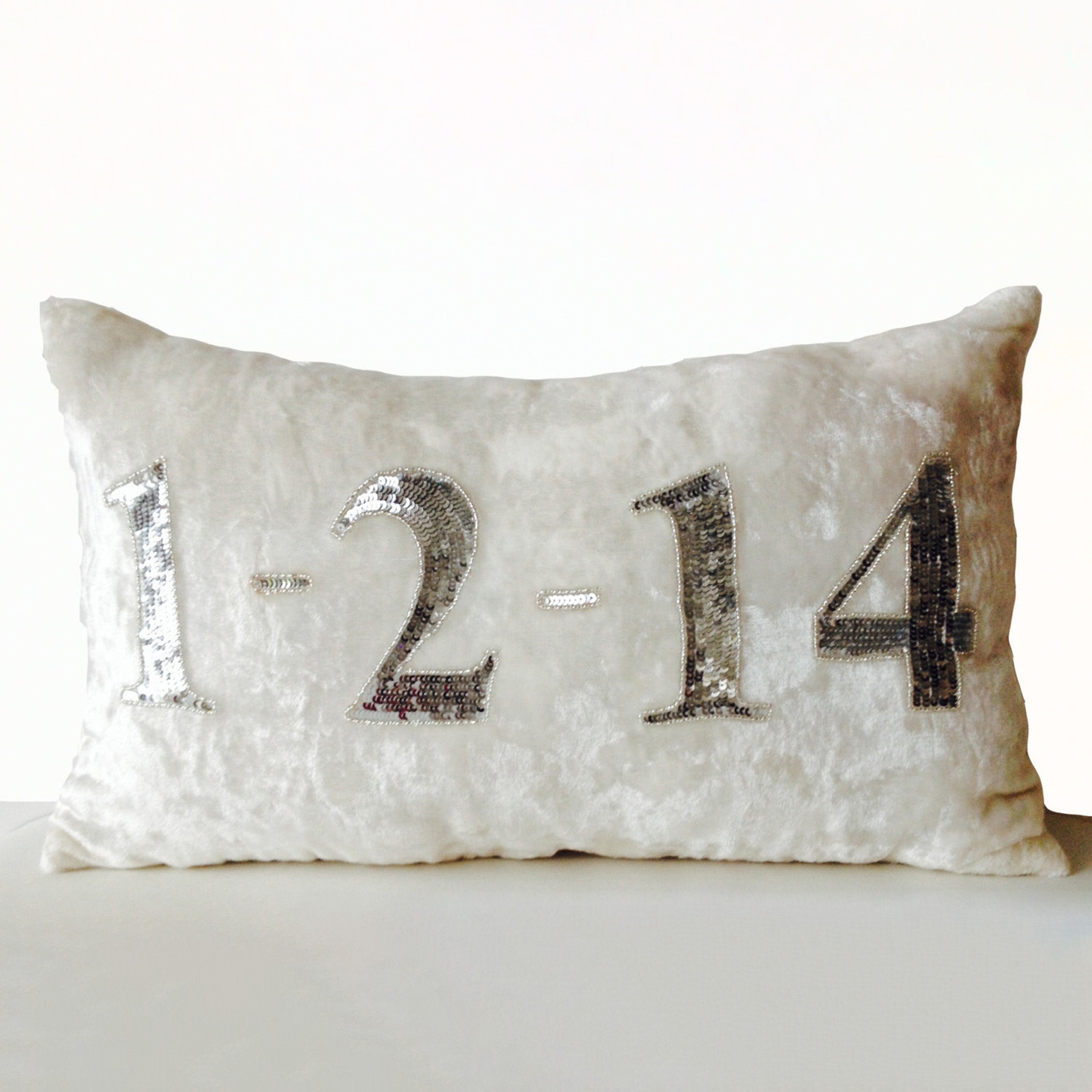 Personalized Date Pillow -Date Pillow Cover -Wedding Date Pillow -Throw Pillows -Ivory Velvet Silver Sequin Pillow -12x20 -Gift -Anniversary